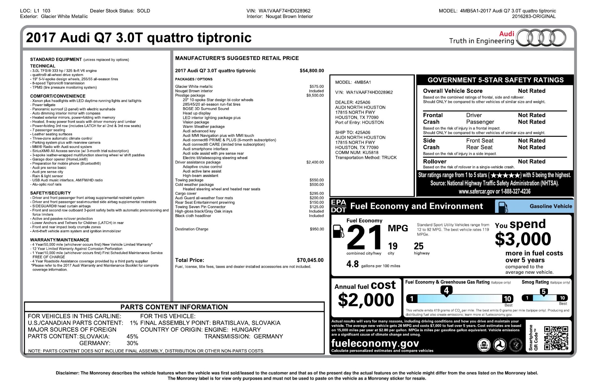 Used 2017 Audi Q7 PRESTIGE / DRVR ASST / CLD WTHR / TOW PKG / BOSE for sale Sold at Formula Imports in Charlotte NC 28227 77