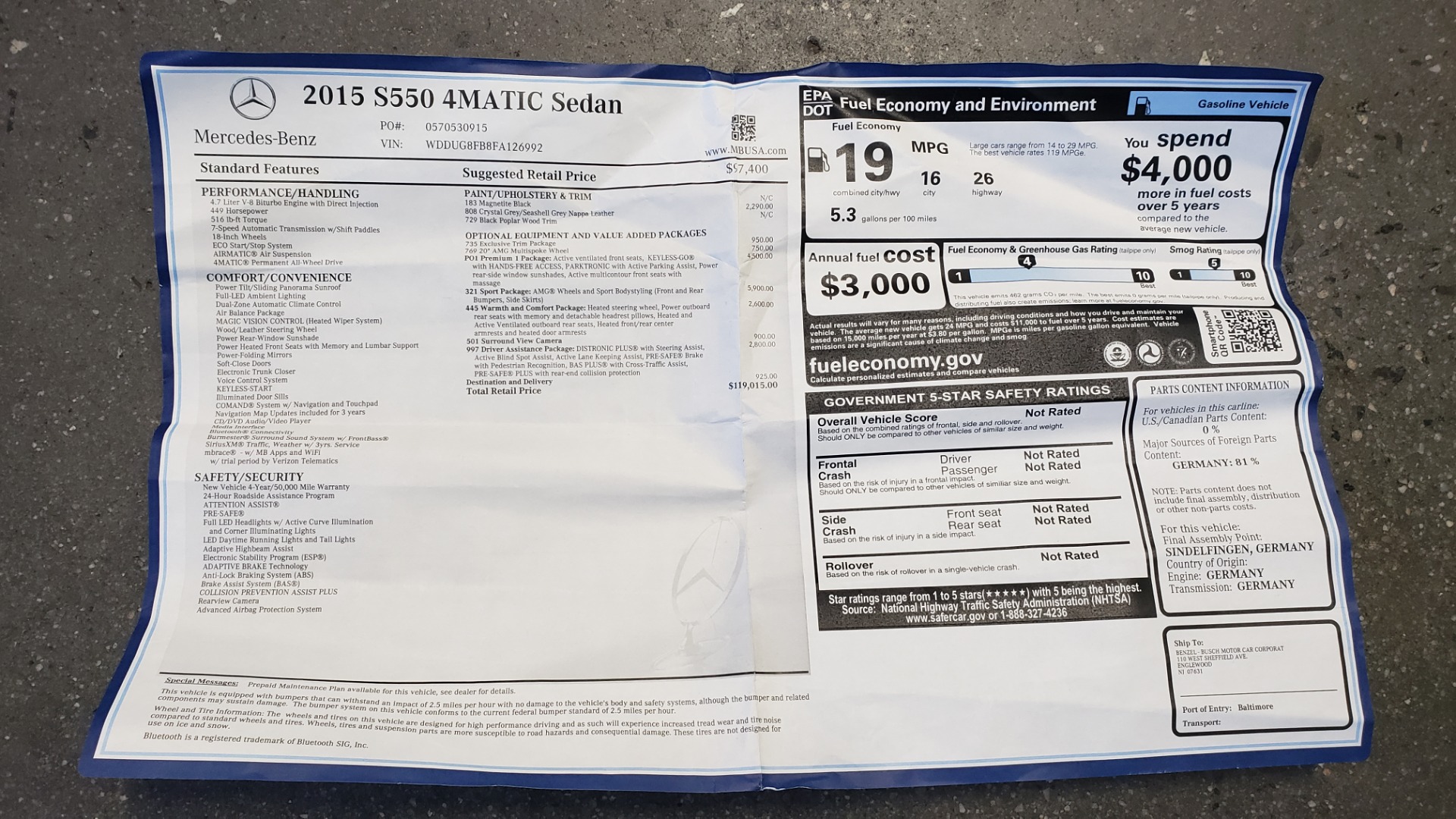 Used 2015 Mercedes-Benz S-CLASS S 550 PREMIUM / SPORT / WARMTH&COMFORT / DRVR ASST / SRND VIEW for sale Sold at Formula Imports in Charlotte NC 28227 105
