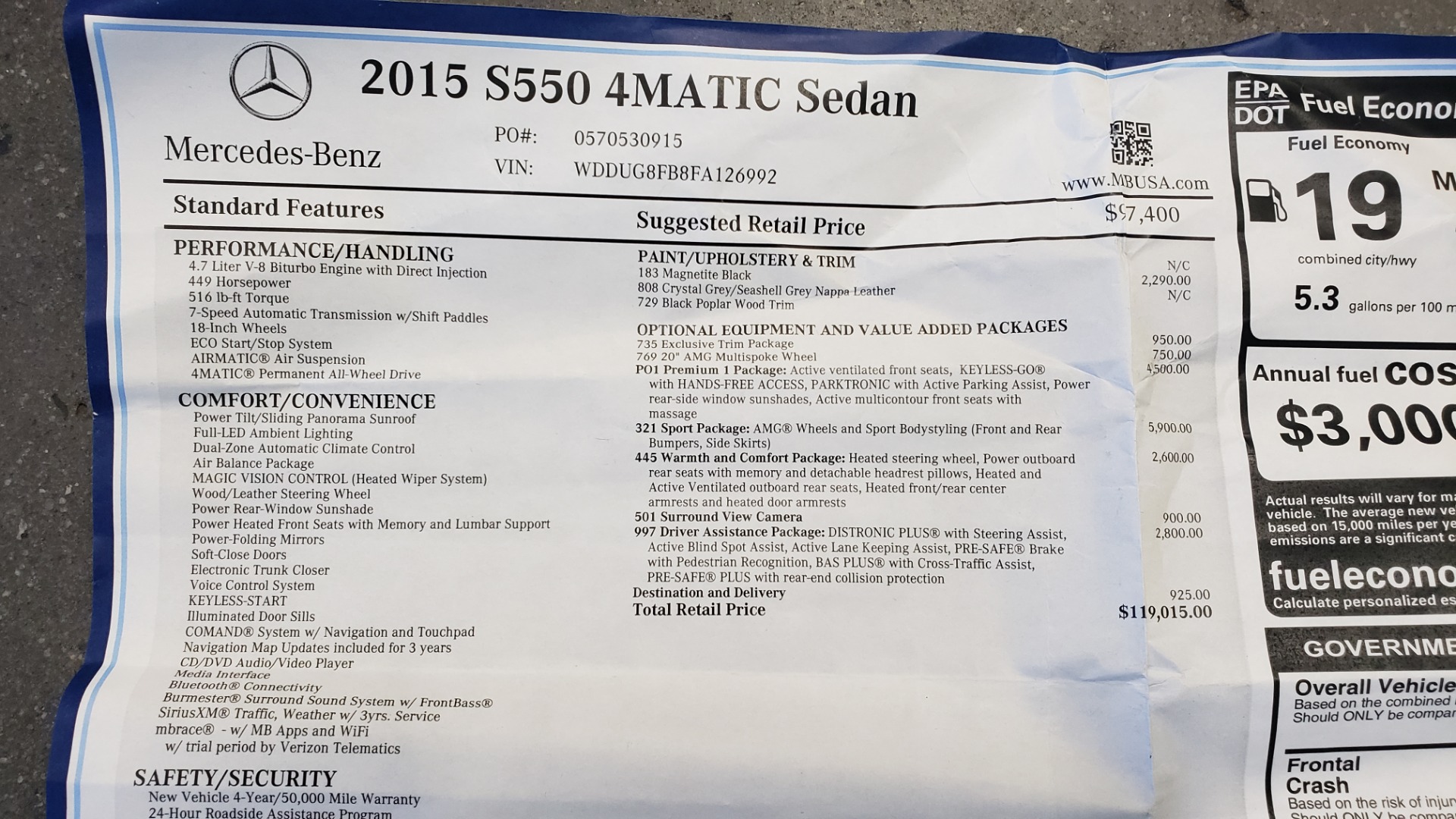 Used 2015 Mercedes-Benz S-CLASS S 550 PREMIUM / SPORT / WARMTH&COMFORT / DRVR ASST / SRND VIEW for sale Sold at Formula Imports in Charlotte NC 28227 106