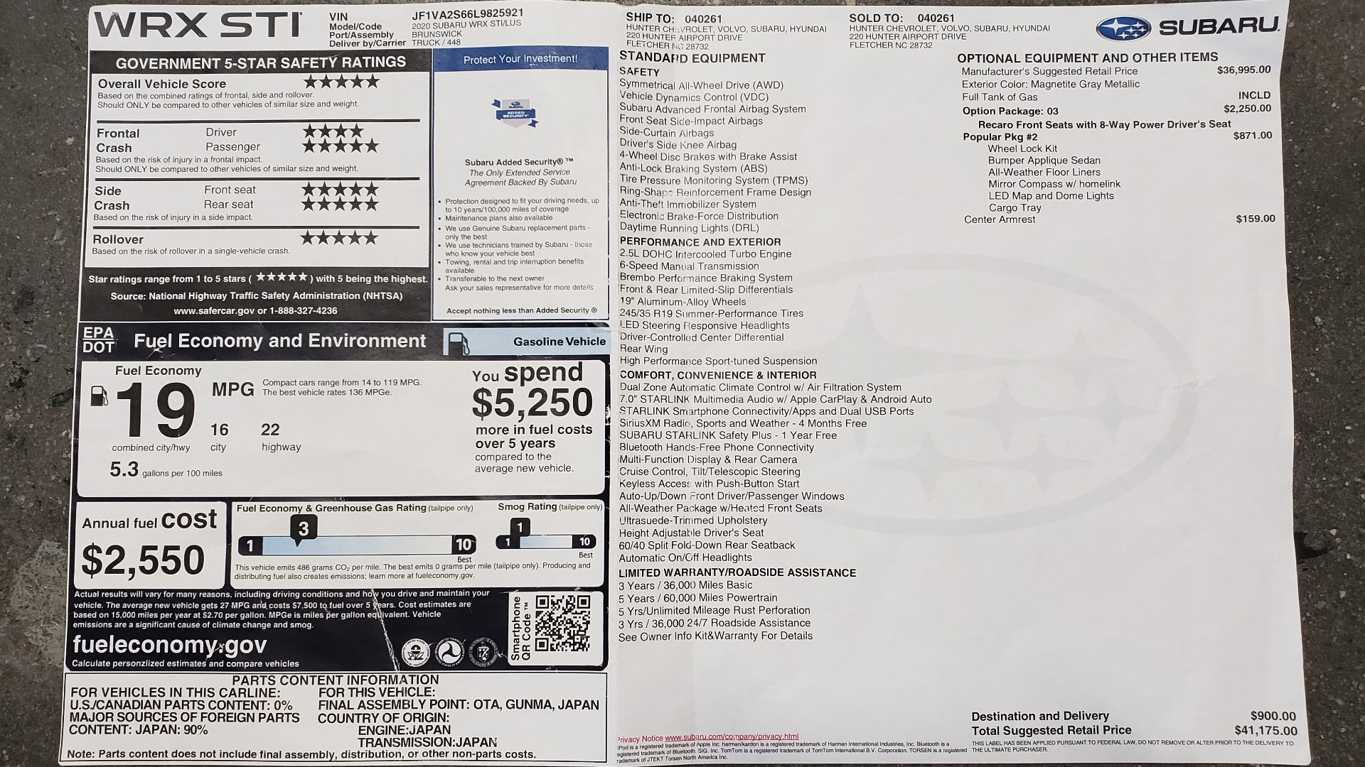 Used 2020 Subaru WRX STI 2.5L TURBO / 6-SPEED MANUAL / RECARO SEATS / REARVIEW for sale Sold at Formula Imports in Charlotte NC 28227 95