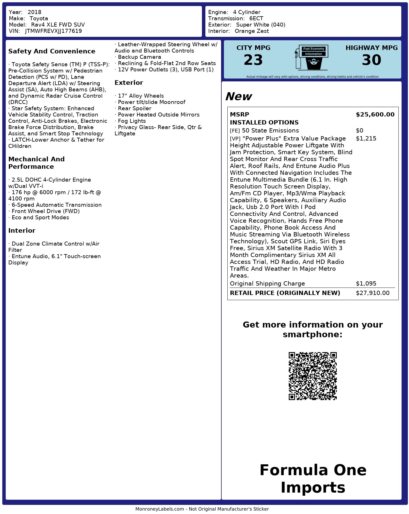 Used 2018 Toyota RAV4 XLE / FWD / 4-CYL / 6-SPD AUTO / BSM / REAR CROSS TRAFFIC ALERT for sale Sold at Formula Imports in Charlotte NC 28227 87