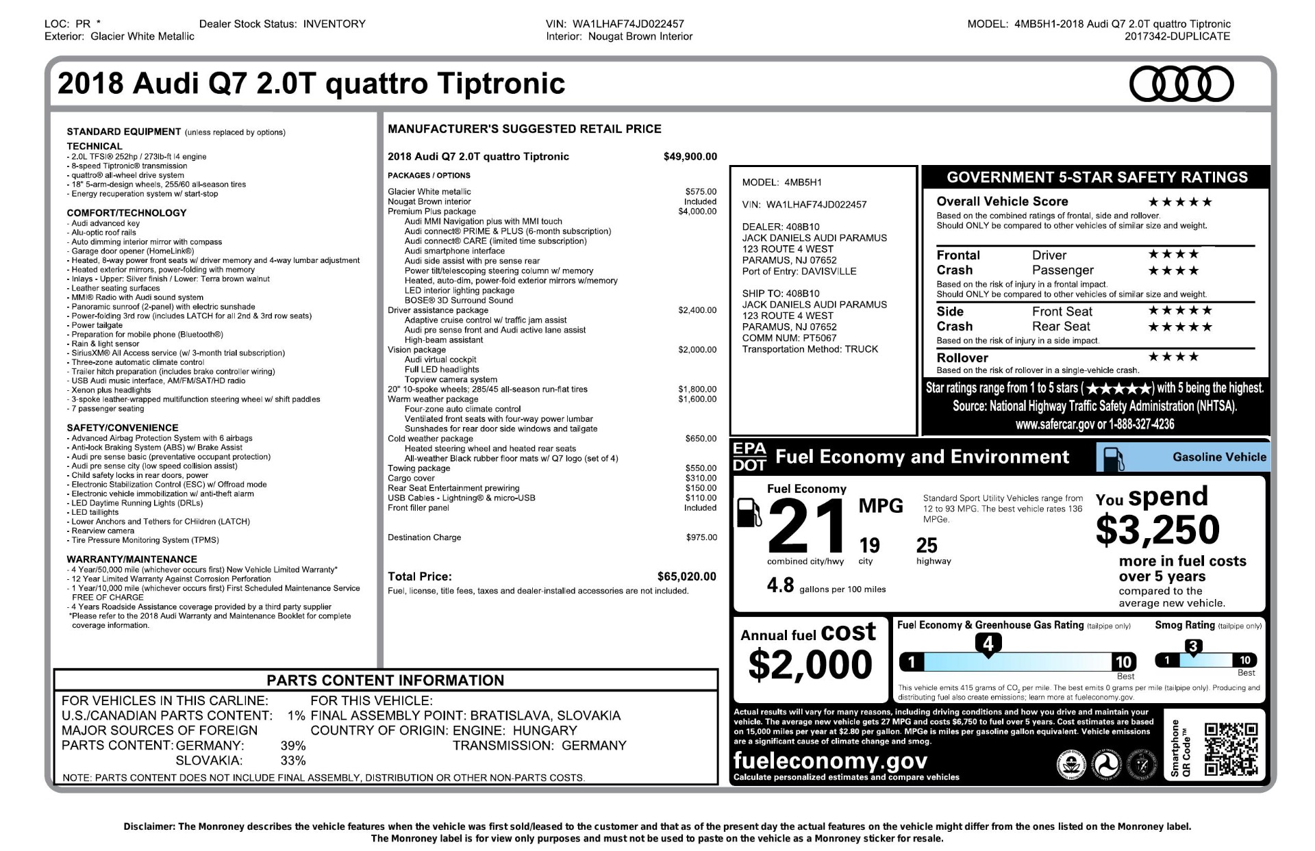 Used 2018 Audi Q7 PREMIUM PLUS 2.0T / NAV / BOSE / SUNROOF / VISION / WARM & COLD WEATHER for sale Sold at Formula Imports in Charlotte NC 28227 1