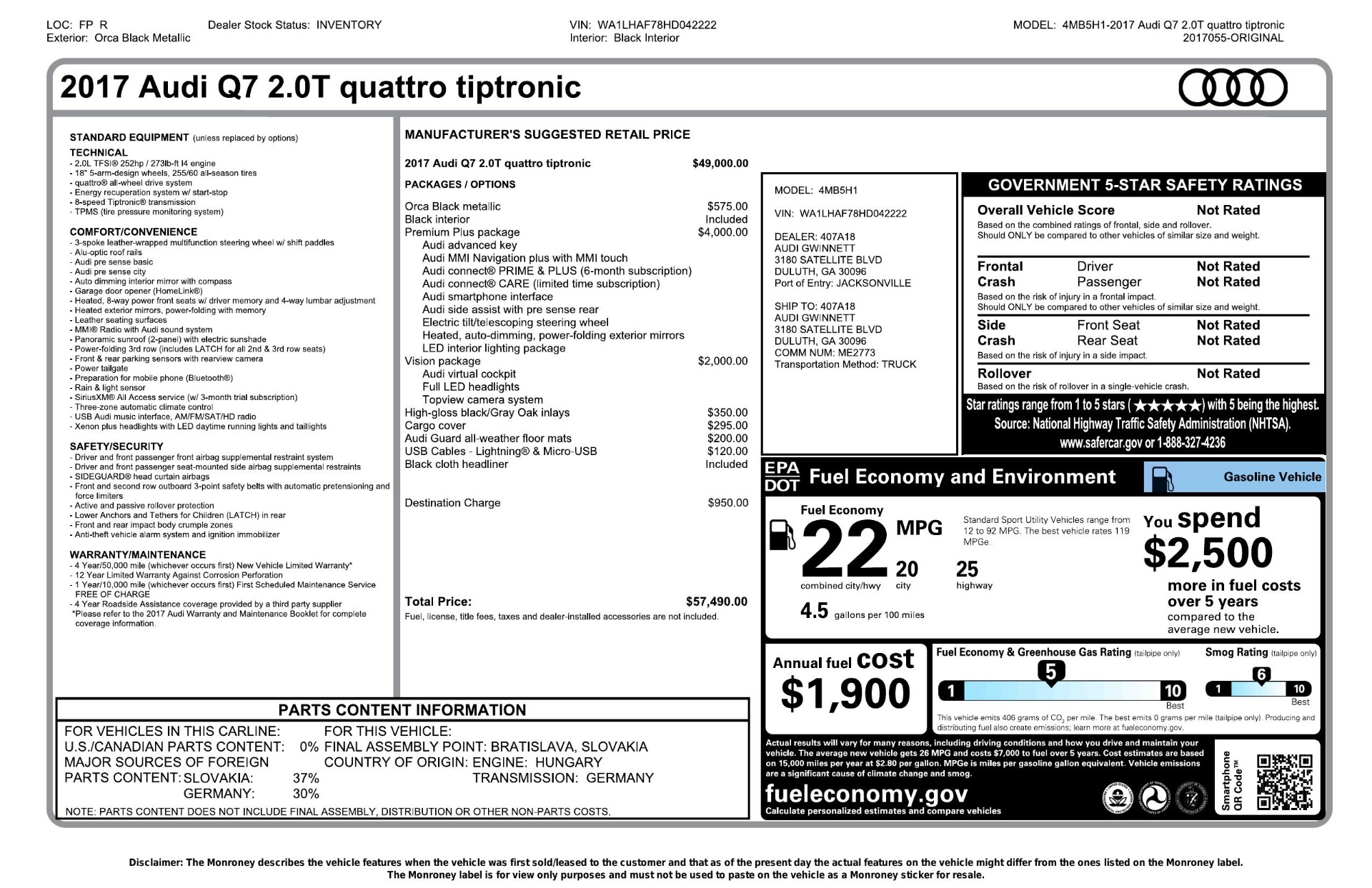 Used 2017 Audi Q7 PREMIUM PLUS / VISION PACKAGE / GRAY OAK TRIM / QUATTRO for sale Sold at Formula Imports in Charlotte NC 28227 52