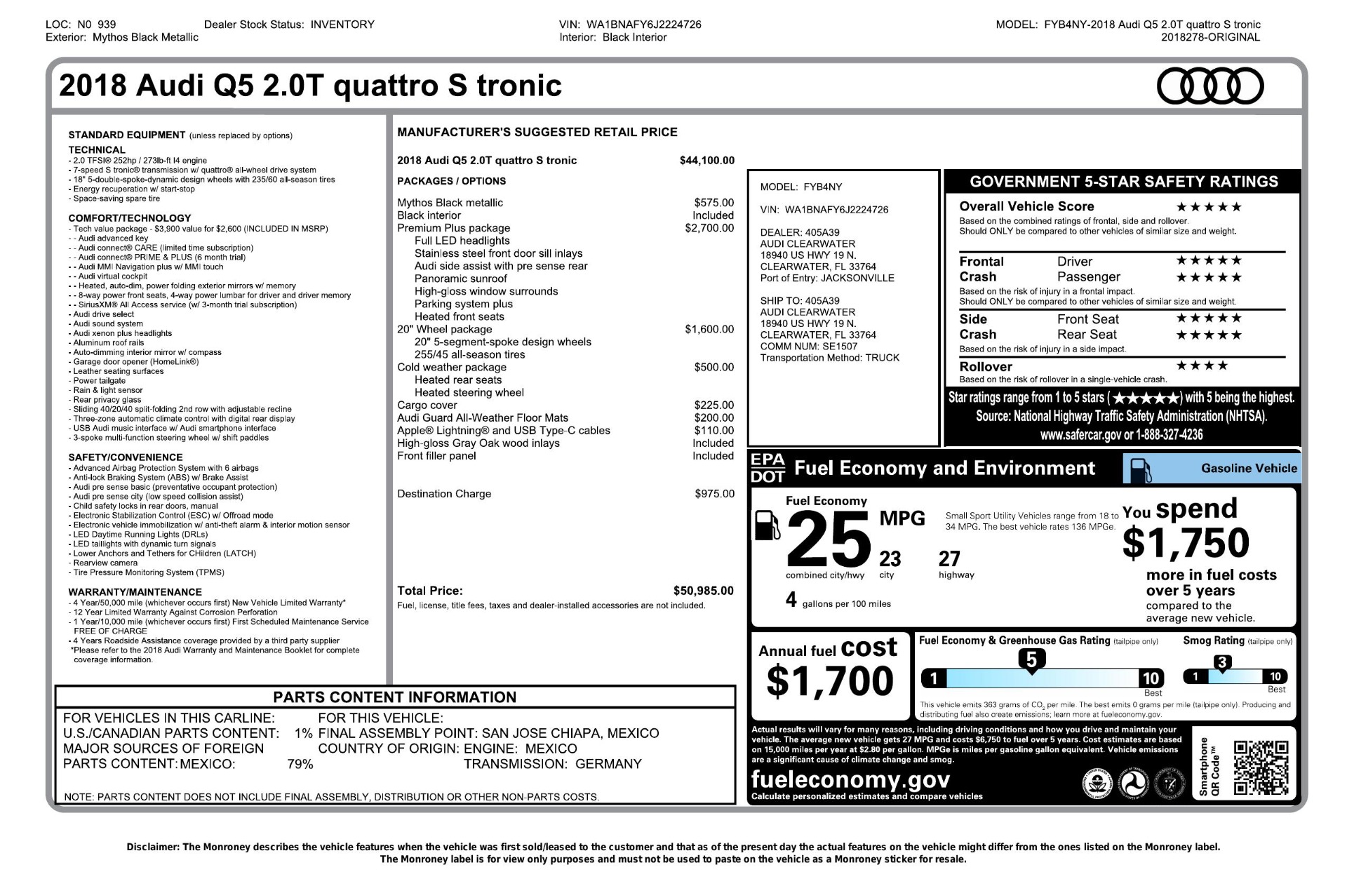 Used 2018 Audi Q5 PREMIUM PLUS / NAV / PANO-ROOF / CLD WTHR / REARVIEW for sale Sold at Formula Imports in Charlotte NC 28227 93