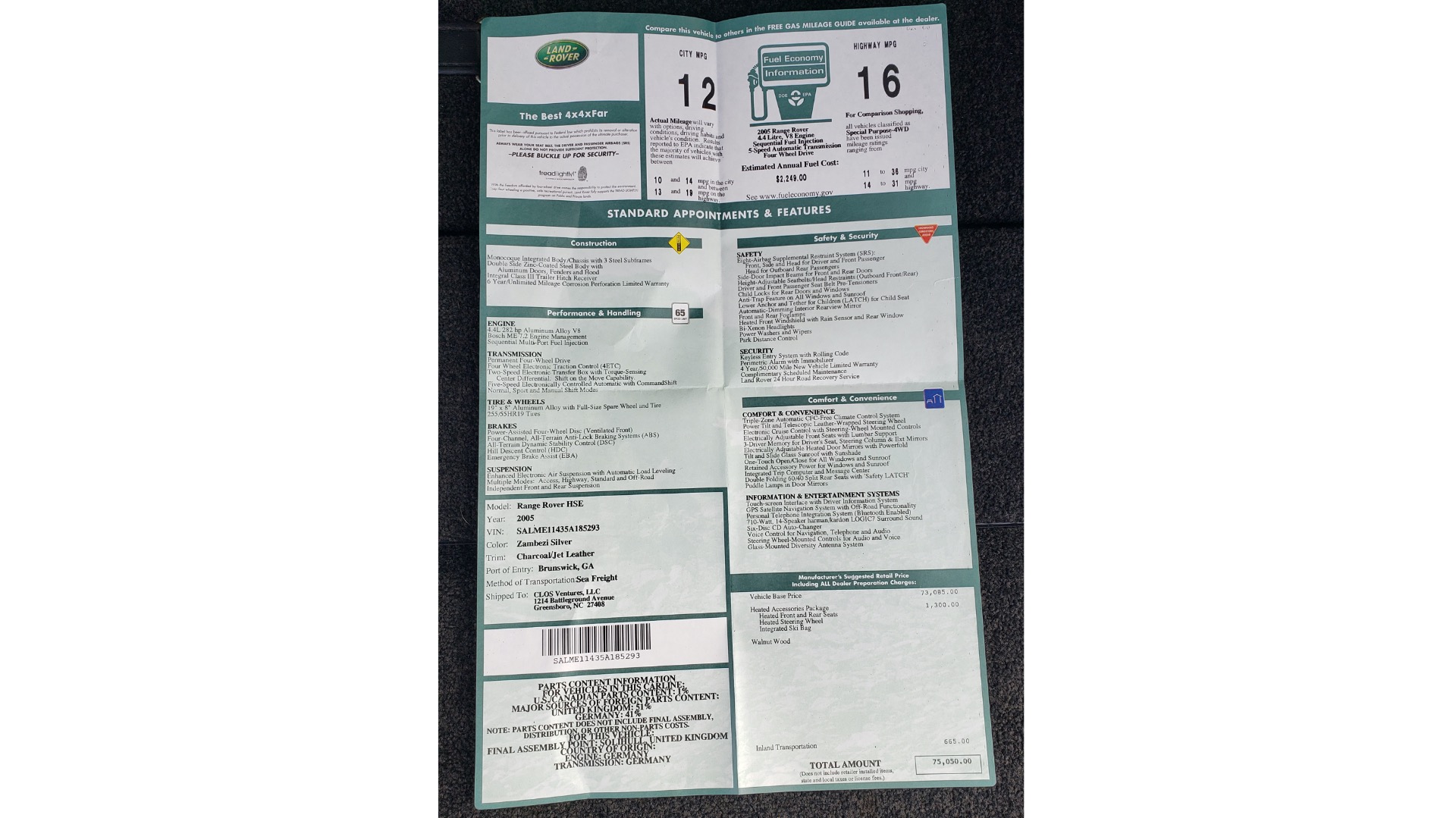 Used 2005 Land Rover RANGE ROVER HSE / V8 / NAV / SUNROOF / HTD STS / HTD STRNG WHL for sale Sold at Formula Imports in Charlotte NC 28227 81