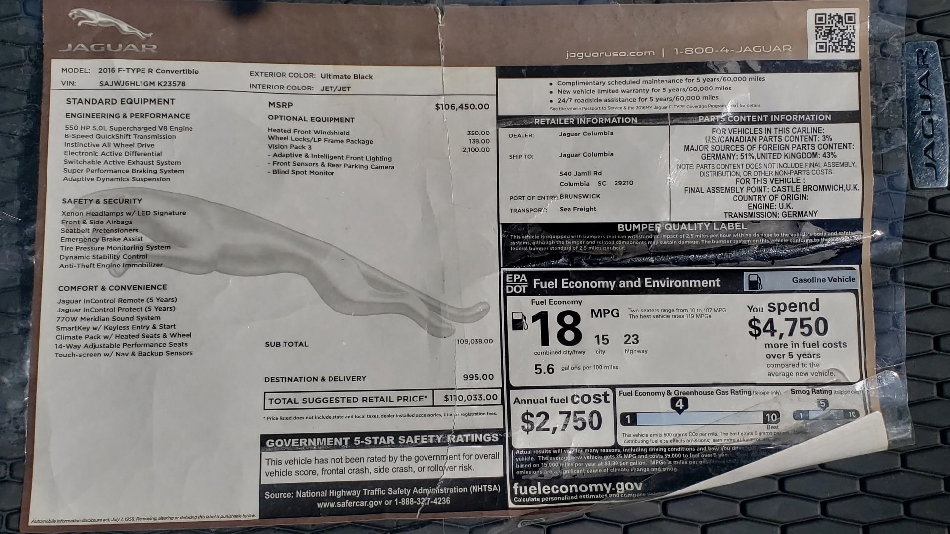 Used 2016 Jaguar F-TYPE R CONVERTIBLE / SC 5.0L 550HP / VISION PACK 3 / BSM / REARVIEW for sale Sold at Formula Imports in Charlotte NC 28227 107
