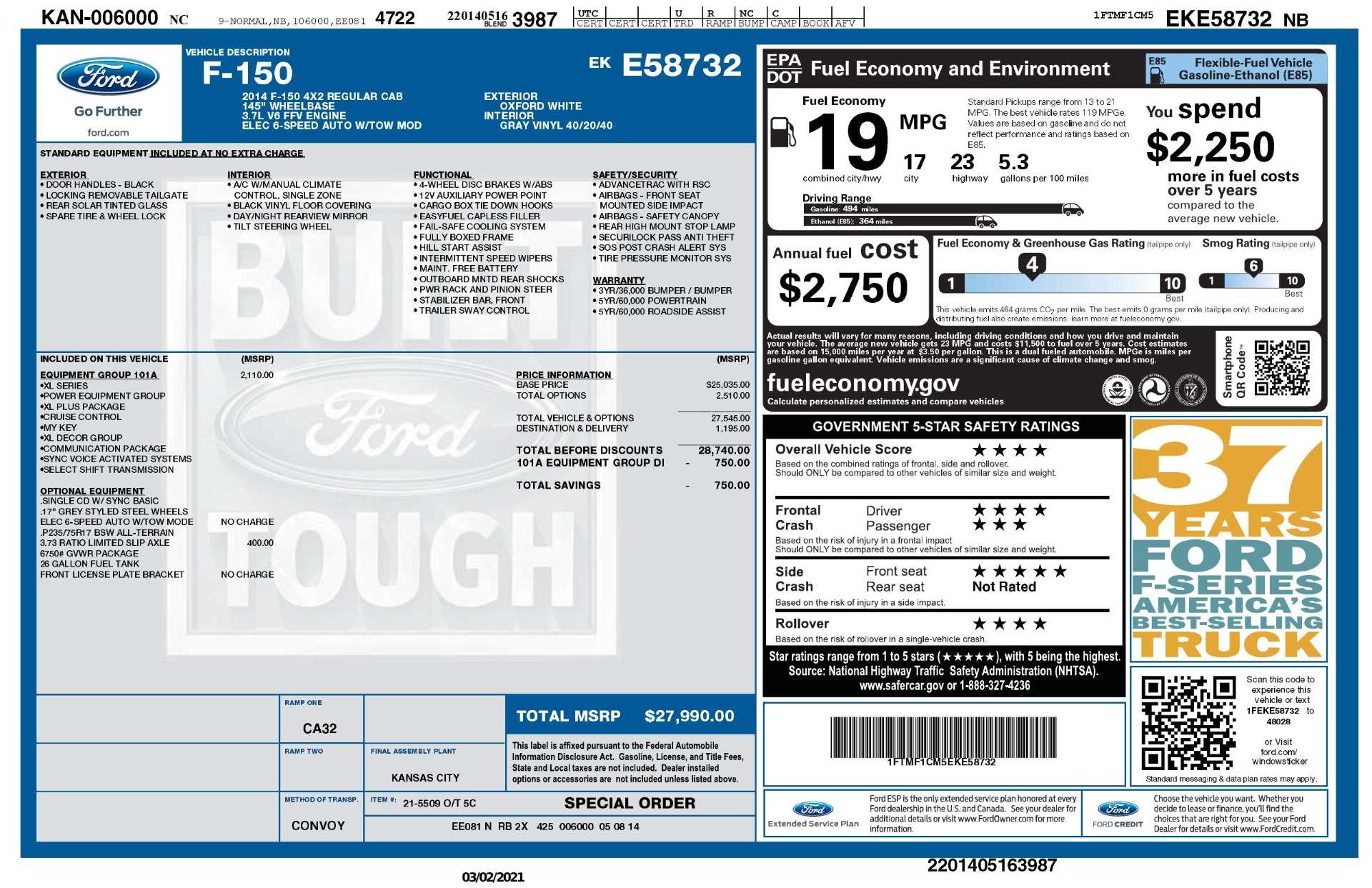 Used 2014 Ford F-150 XL 4X2 REGULAR CAB / 3.7L V6 / 6-SPD AUTO / CRUISE CONTROL for sale Sold at Formula Imports in Charlotte NC 28227 70
