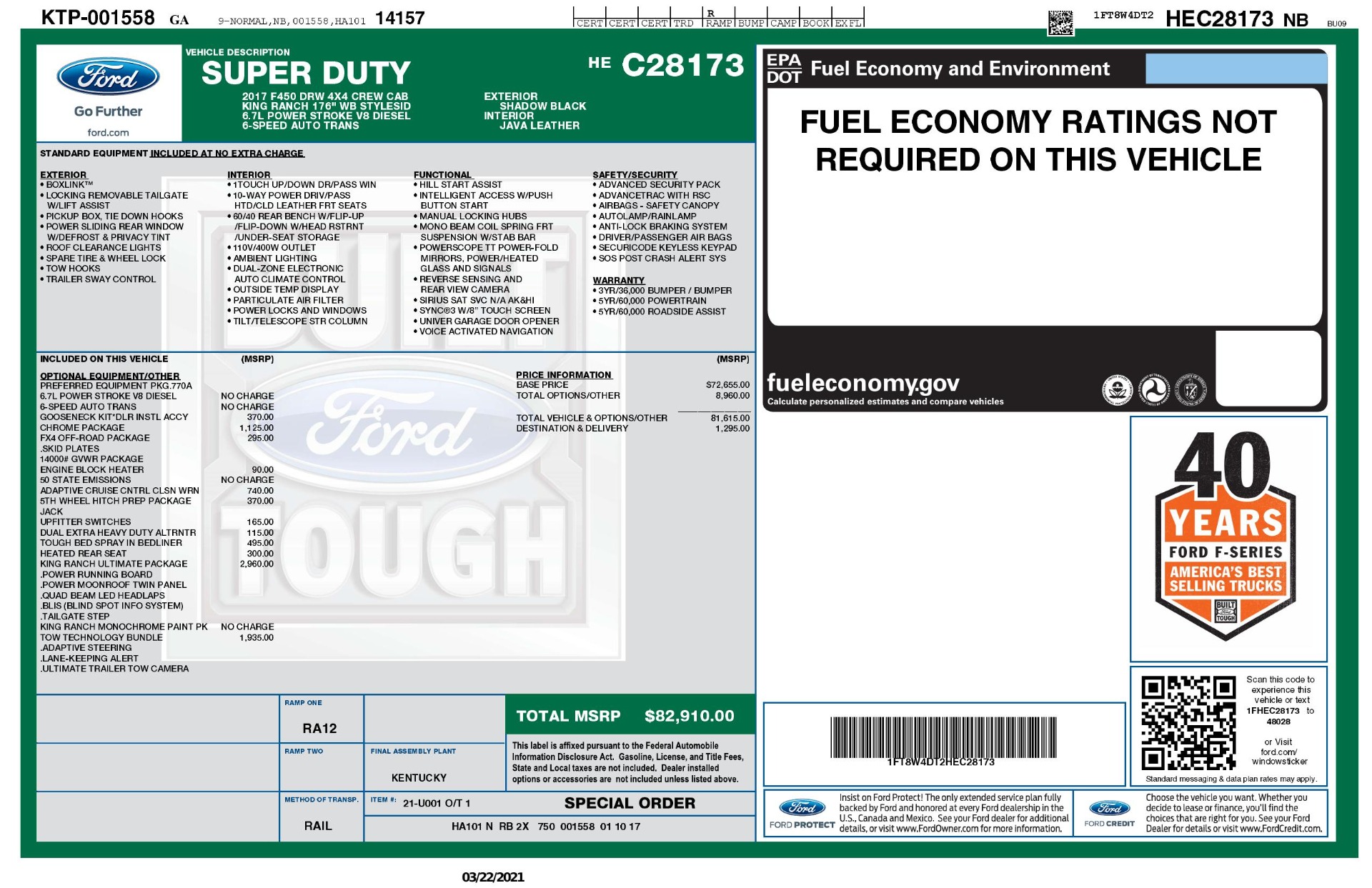Used 2017 Ford SUPER DUTY F-450 DRW KING RANCH 4X4 / 176IN WB / 6.7L POWER-STROKE / LOADED for sale Sold at Formula Imports in Charlotte NC 28227 100