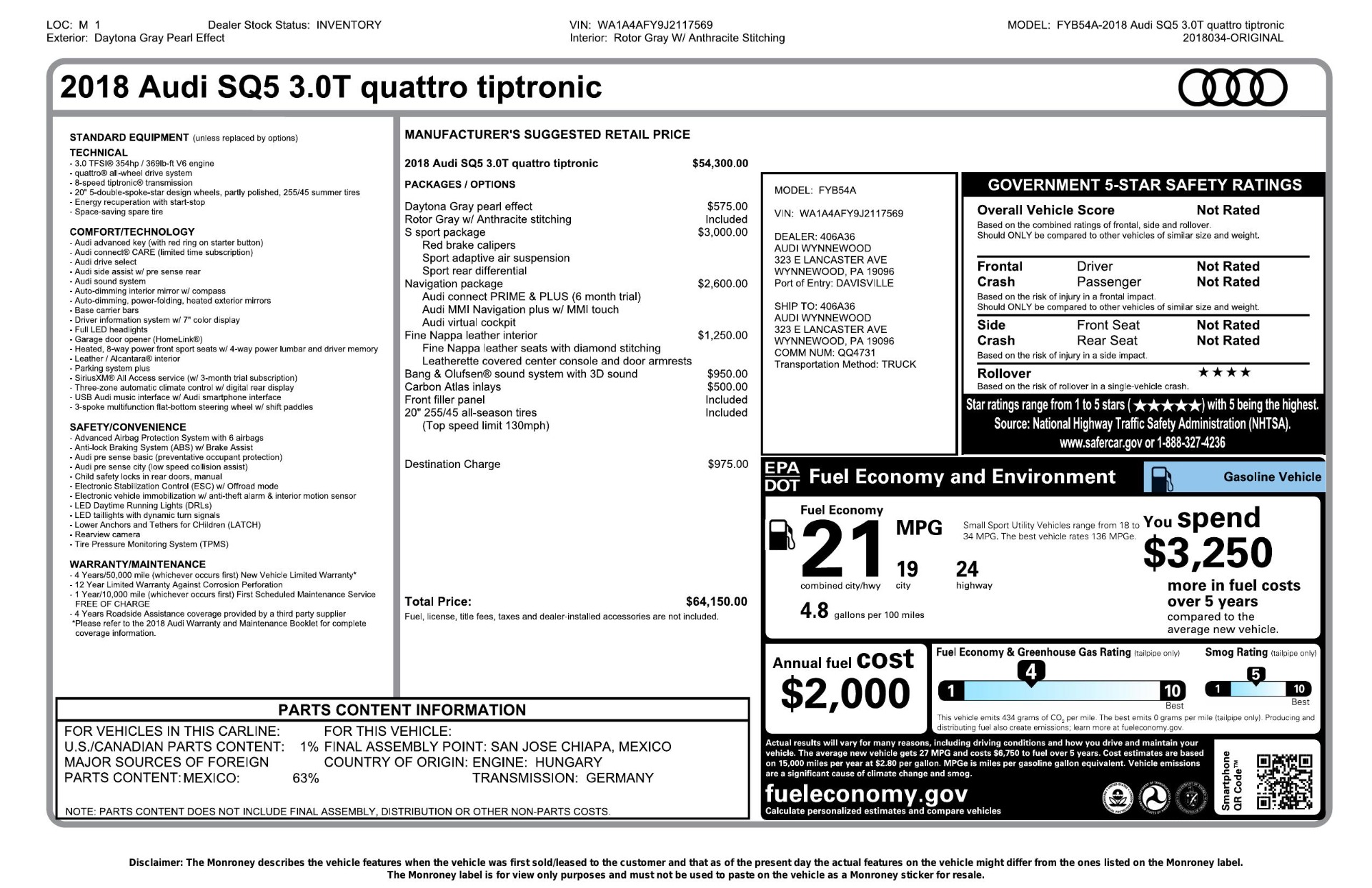 Used 2018 Audi SQ5 PREMIUM PLUS SPORT / NAV / B&O SND / SUNROOF / REARVIEW for sale Sold at Formula Imports in Charlotte NC 28227 82