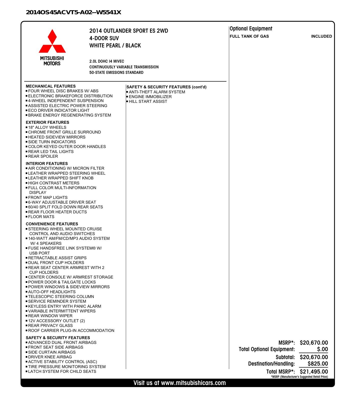 Used 2014 Mitsubishi OUTLANDER SPORT ES 2WD / 2.0L / CVT TRANS / 18IN WHEELS / 31MPG for sale Sold at Formula Imports in Charlotte NC 28227 66