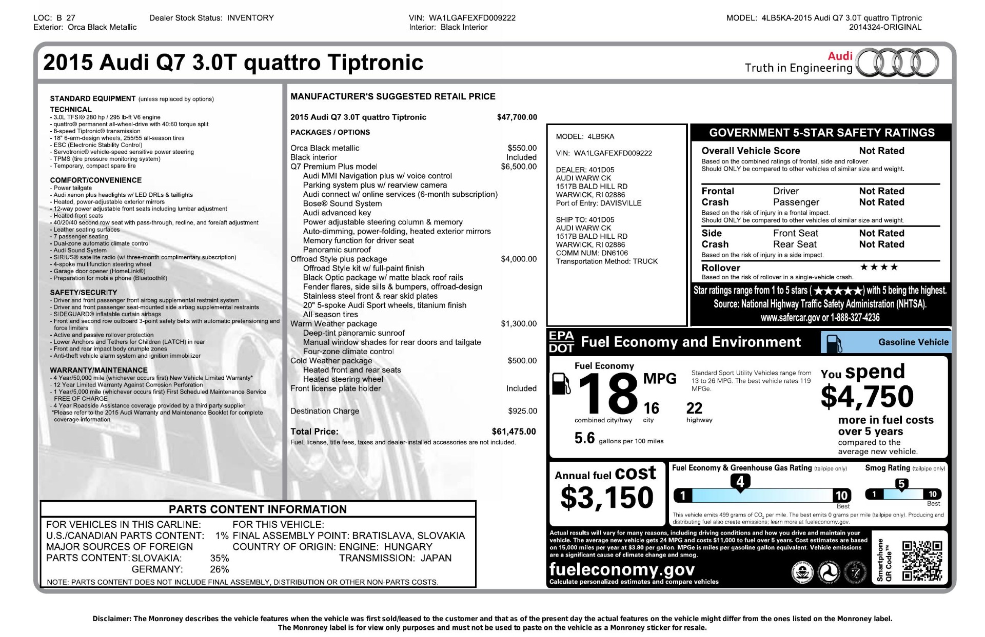 Used 2015 Audi Q7 3.0T PREMIUM PLUS TIPTRONIC / NAV / OFFROAD PLUS / WARM WEATHER / COLD WEAT for sale Sold at Formula Imports in Charlotte NC 28227 89