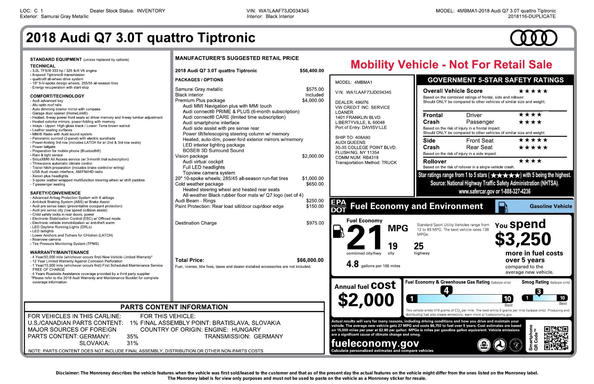 Used 2018 Audi Q7 PREMIUM PLUS TIPTRONIC / NAV / SUNROOF / VISION PKG / CLD WTHR / REARVIEW for sale Sold at Formula Imports in Charlotte NC 28227 91