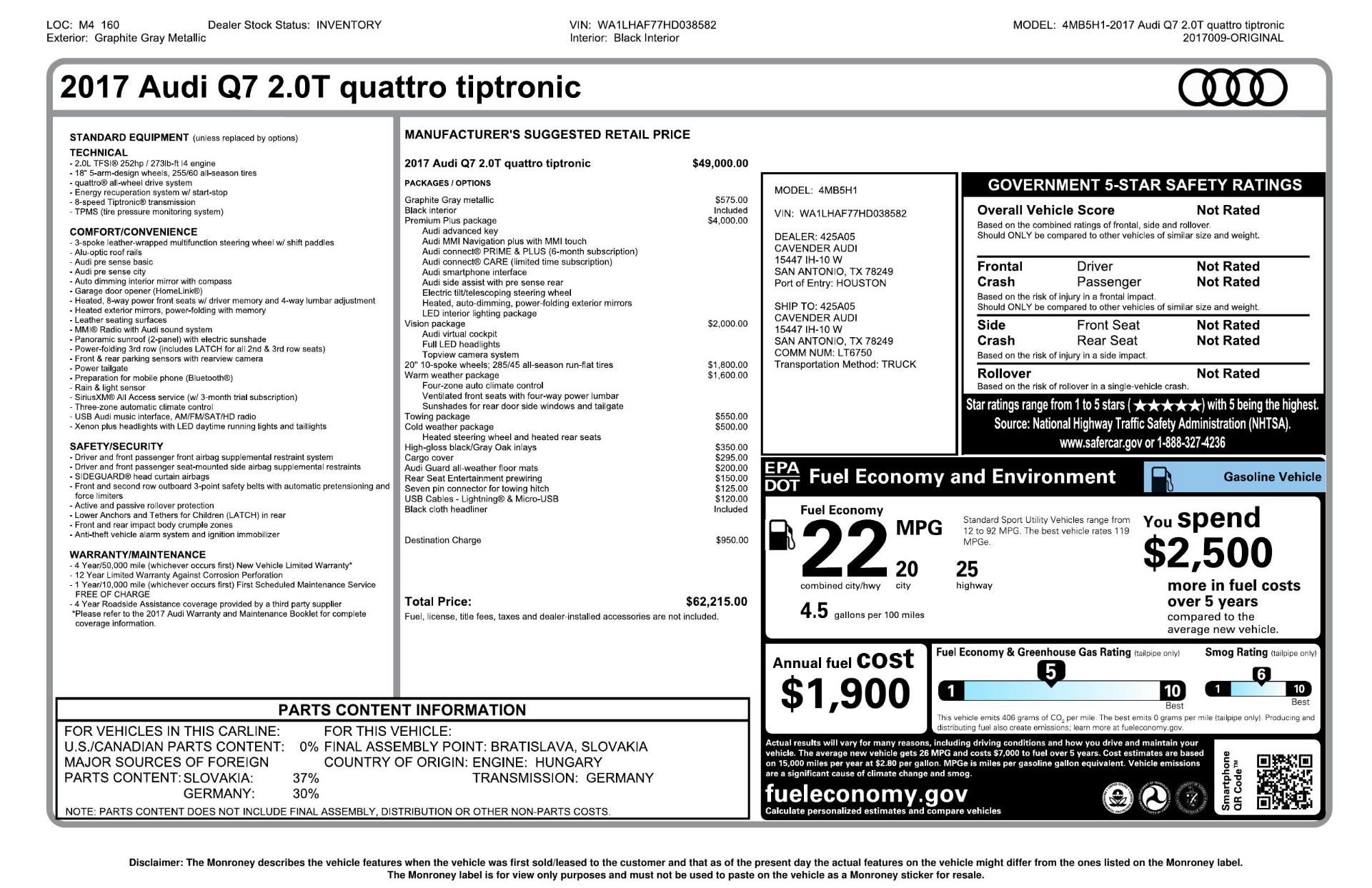 Used 2017 Audi Q7 PREMIUM PLUS / 2.0T TIPTRONIC / NAV / PANO-ROOF / 3-ROW / REARVIEW for sale Sold at Formula Imports in Charlotte NC 28227 96