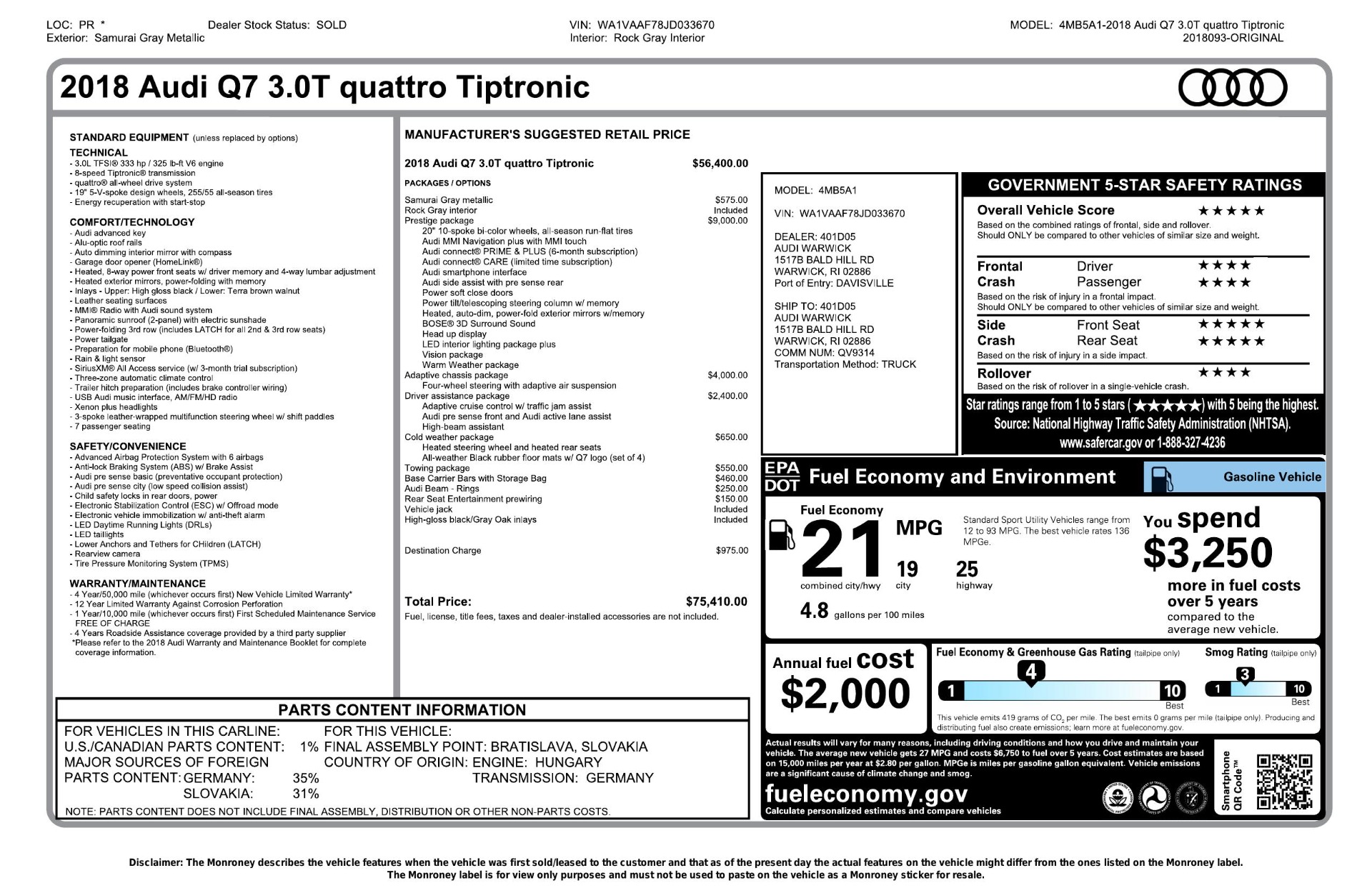 Used 2018 Audi Q7 PRESTIGE TIPTRONIC / NAV / SUNROOF / ADAPTIVE PKG / DRVR ASST / CLD WTHR / for sale Sold at Formula Imports in Charlotte NC 28227 98