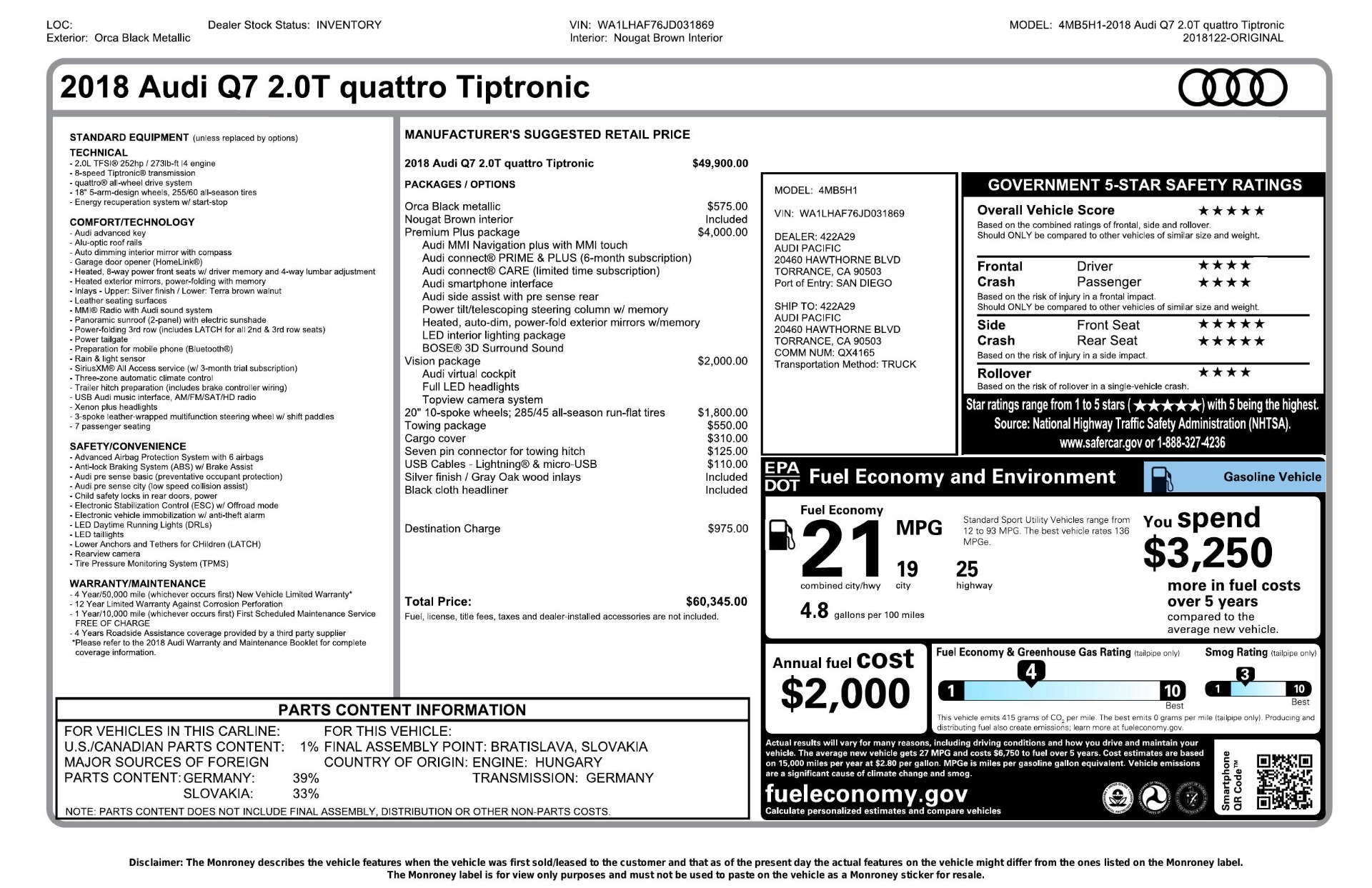 Used 2018 Audi Q7 PREMIUM PLUS / NAV / PANO-ROOF / BOSE / 3-ROW / REARVIEW for sale Sold at Formula Imports in Charlotte NC 28227 91