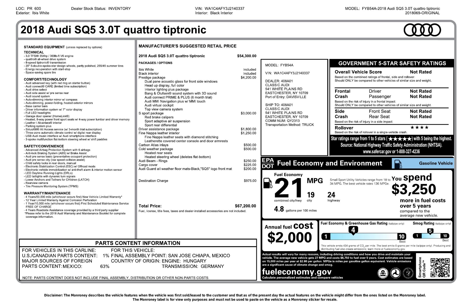 Used 2018 Audi SQ5 Prestige for sale Sold at Formula Imports in Charlotte NC 28227 65