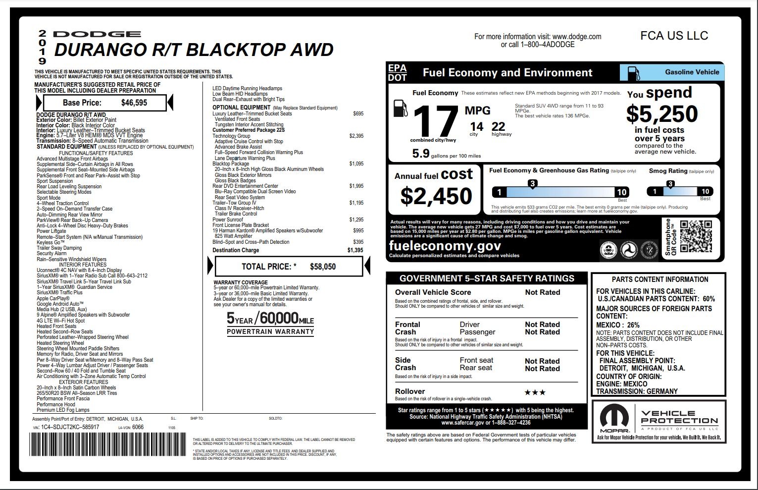 Used 2019 Dodge DURANGO R/T BLACKTOP AWD / TECH / ADAPT CRUS / TOW GROUP / SUNROOF / REARVIEW for sale Sold at Formula Imports in Charlotte NC 28227 99