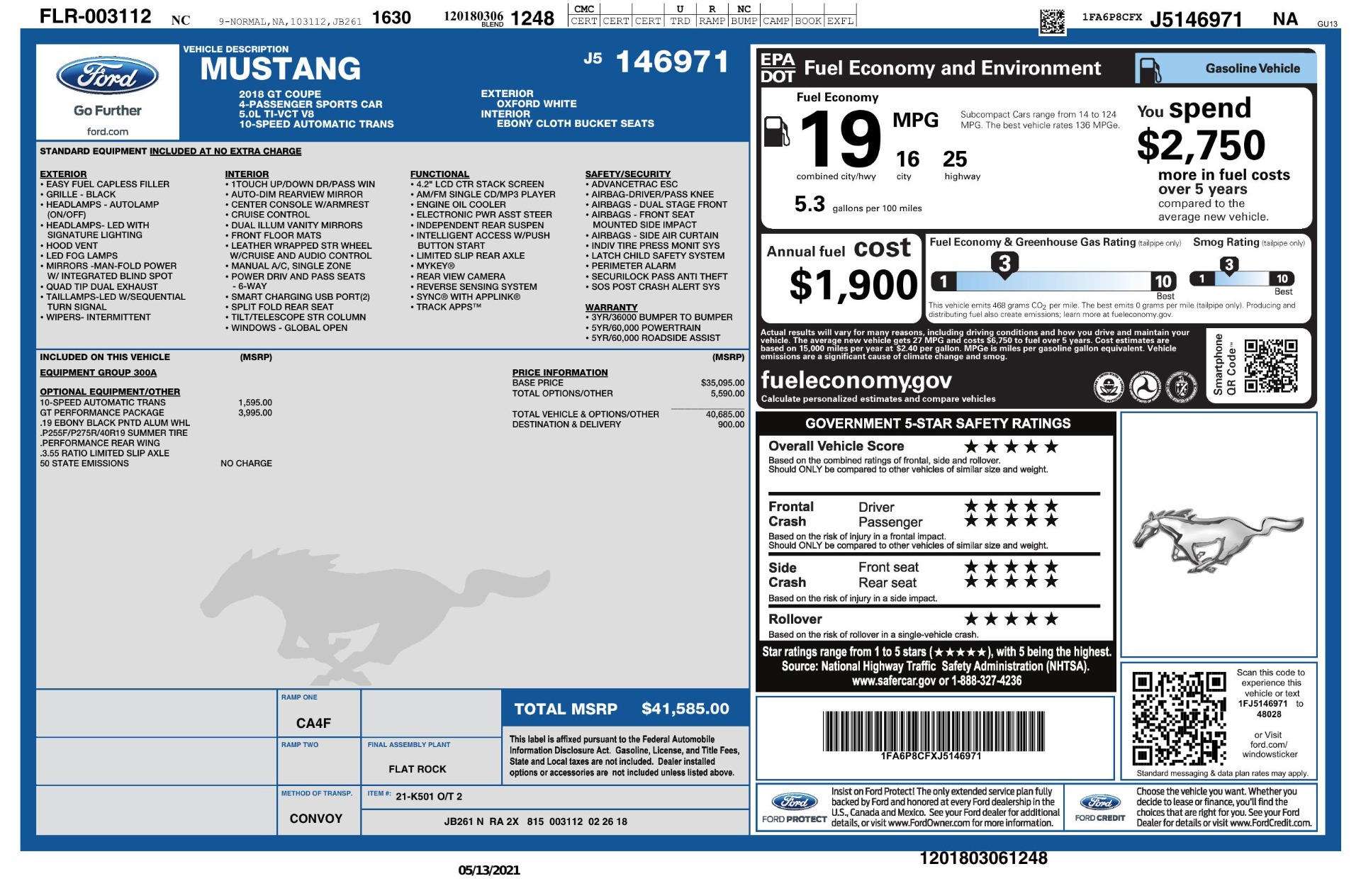 Used 2018 Ford MUSTANG GT COUPE / 5.0L V8 / AUTO / PERF PKG / REARVIEW / 19IN WHLS for sale Sold at Formula Imports in Charlotte NC 28227 80