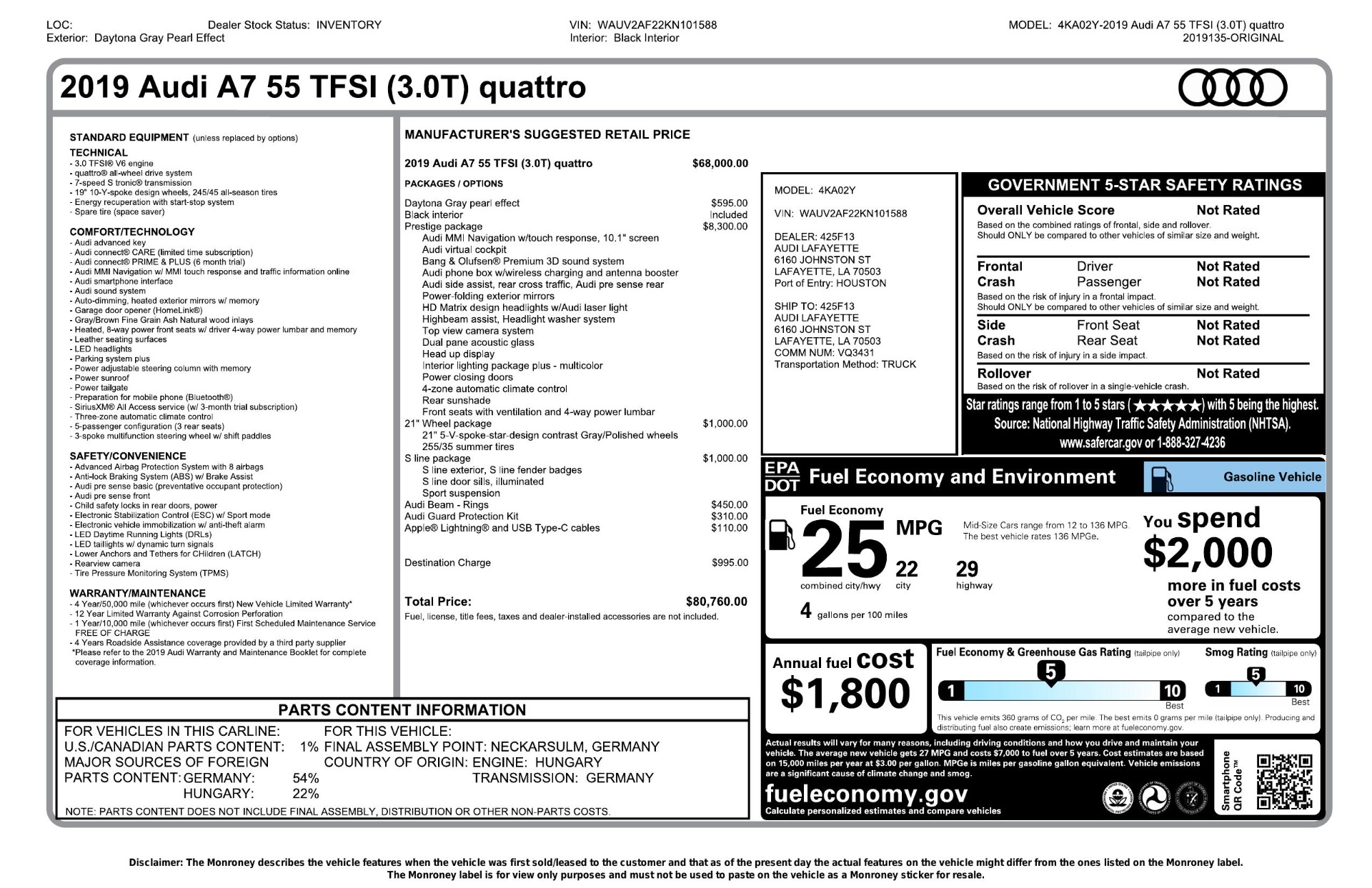 Used 2019 Audi A7 PRESTIGE 55 TFSI 3.0T / NAV / B&O SND / SUNROOF / S-LINE / 21IN WHLS / REAR for sale Sold at Formula Imports in Charlotte NC 28227 88