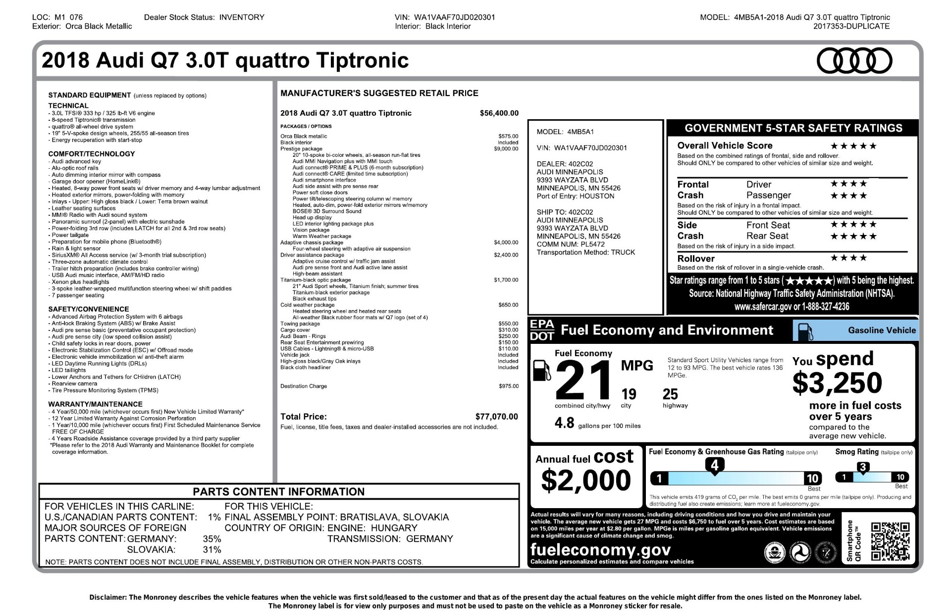 Used 2018 Audi Q7 PRESTIGE TIPTRONIC / NAV / SUNROOF / ADAPTIVE PKG / DRVR ASST / CLD WTHR / for sale Sold at Formula Imports in Charlotte NC 28227 82
