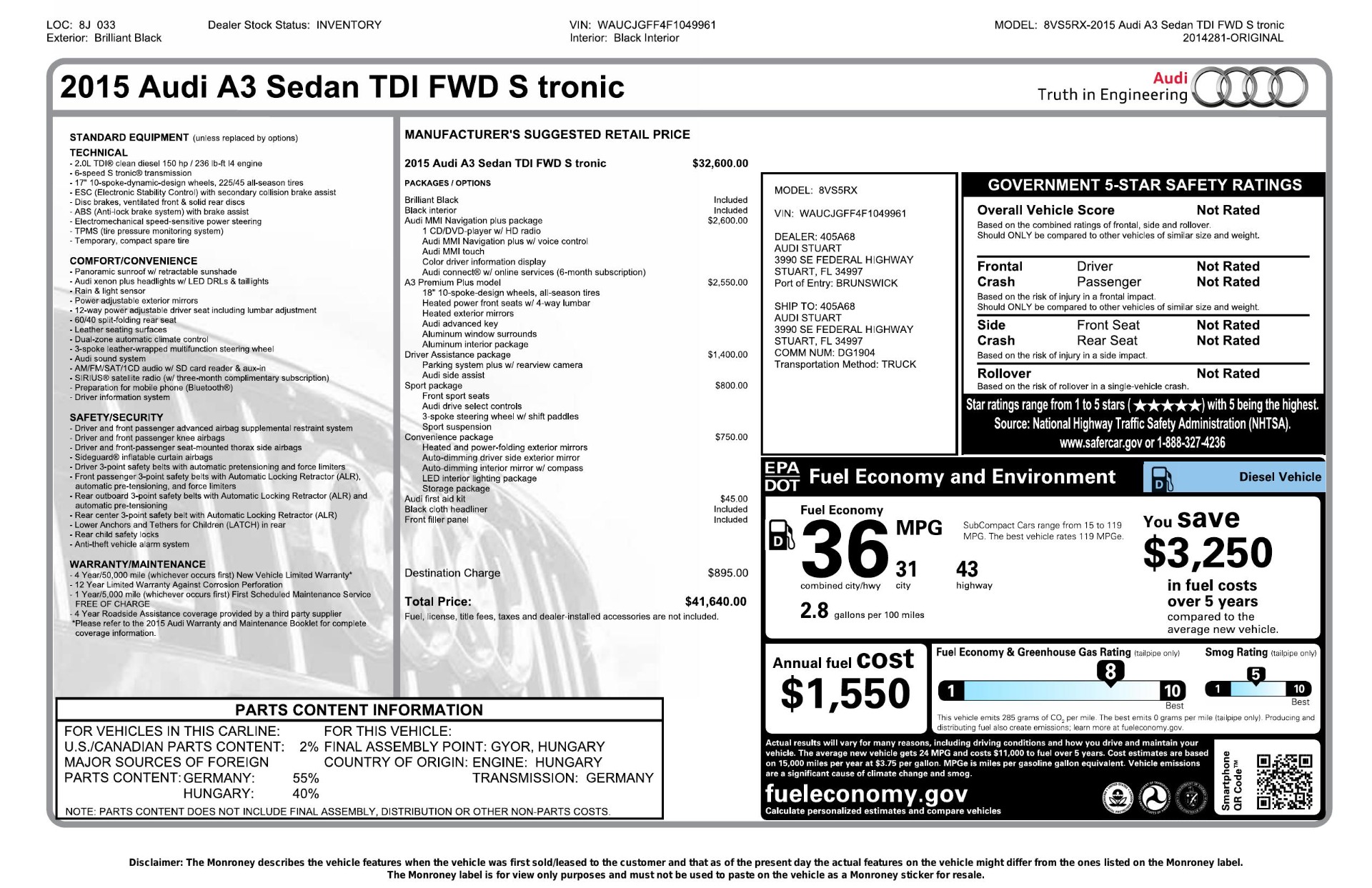Used 2015 Audi A3 2.0 TDI PREMIUM PLUS / NAV / DRVR ASST / SPORT PKG / CONV PKG for sale Sold at Formula Imports in Charlotte NC 28227 68