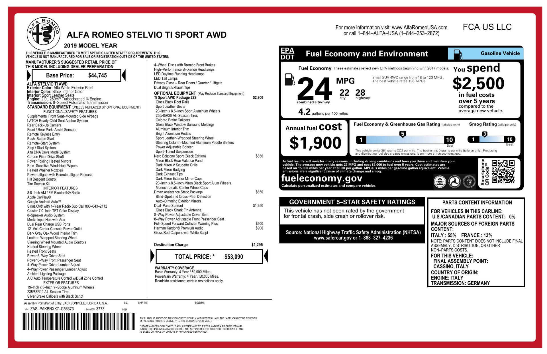 Used 2019 Alfa Romeo STELVIO TI SPORT AWD / 2.0L TURBO / 8-SPD AUTO / DRVR ASST / REARVIEW for sale Sold at Formula Imports in Charlotte NC 28227 92