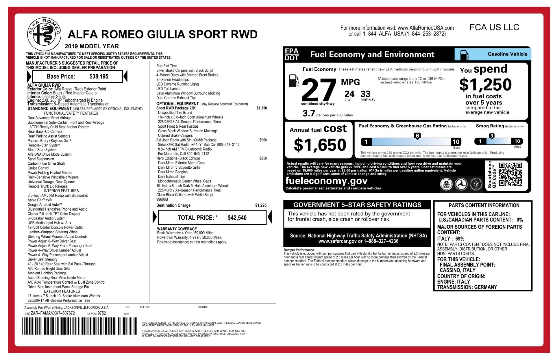 Used 2019 Alfa Romeo GIULIA SPORT 2.0L SEDAN / 8-SPD AUTO / KEYLESS-GO / REMOTE START / REARVIEW for sale Sold at Formula Imports in Charlotte NC 28227 60