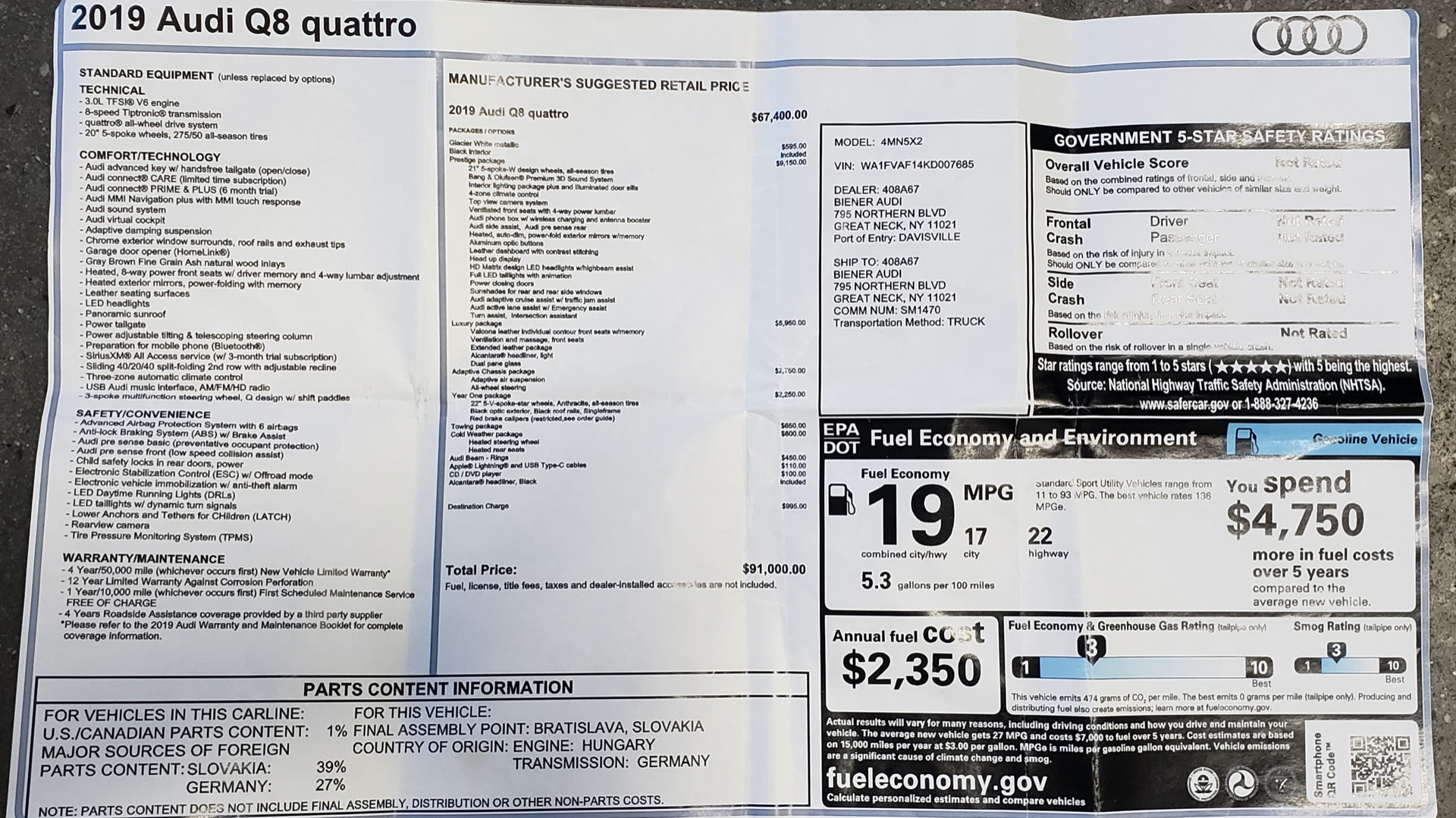 Used 2019 Audi Q8 PRESTIGE S-LINE / LUX PKG / ADAPT CHASSIS / YEAR ONE / CLD WTHR for sale Sold at Formula Imports in Charlotte NC 28227 1