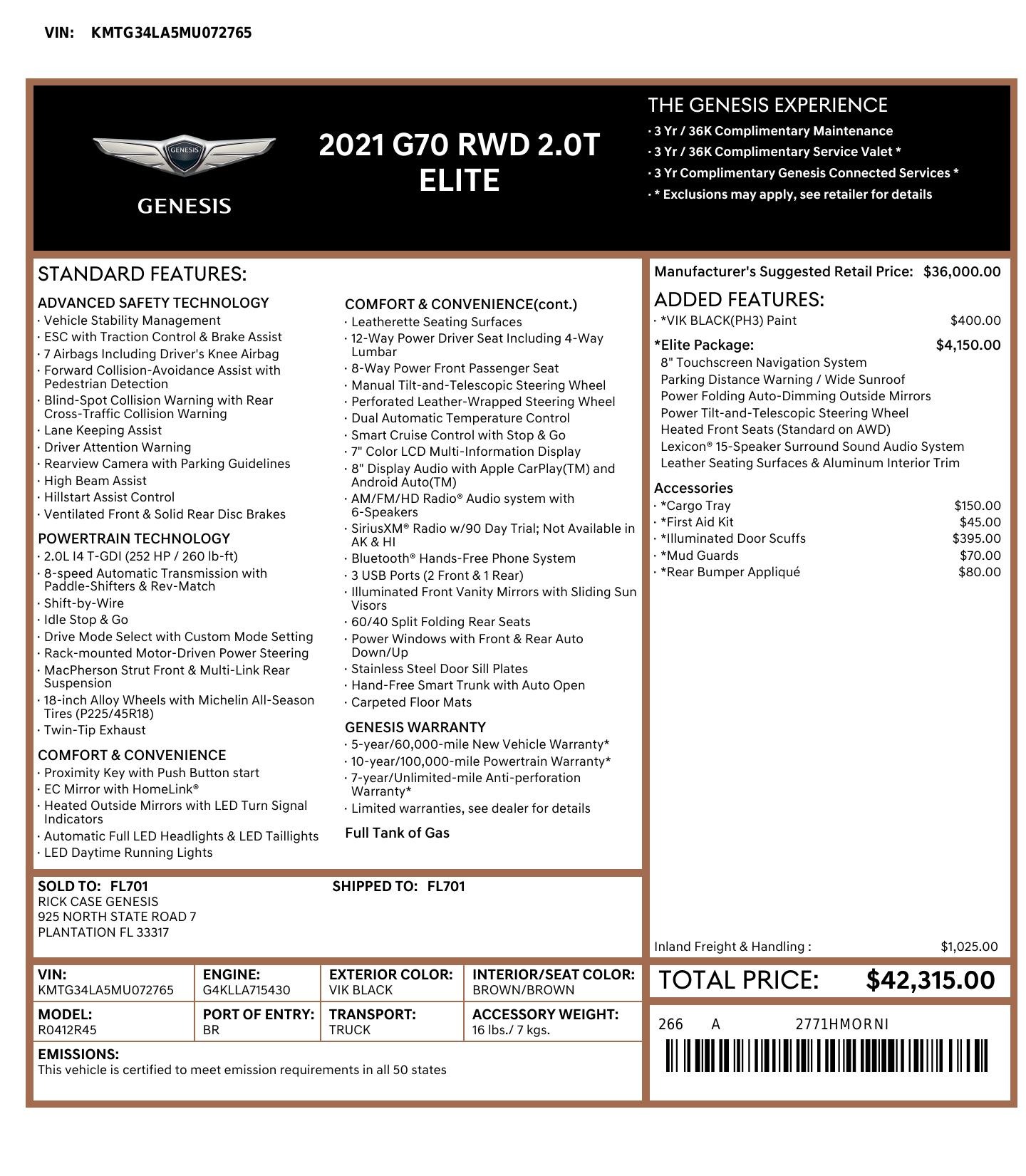 Used 2021 Genesis G70 ELITE 2.0T SEDAN / NAV / LANE ASST / BSA / SUNROOF / LEATHER / REARVIEW for sale Sold at Formula Imports in Charlotte NC 28227 67