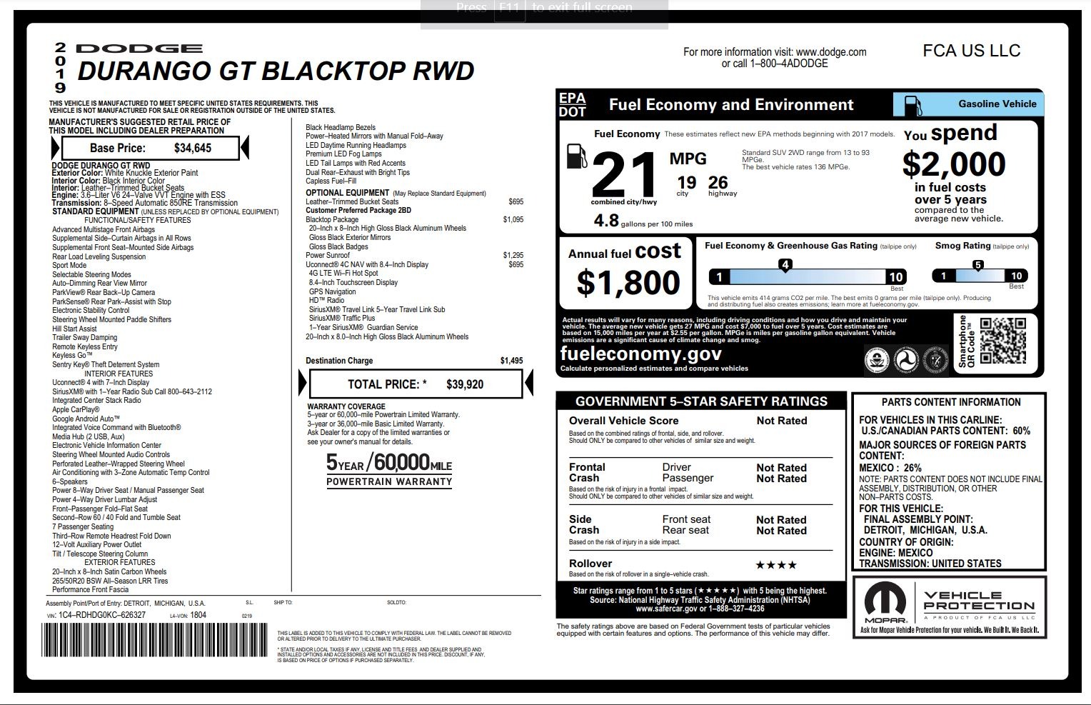Used 2019 Dodge DURANGO GT BLACKTOP RWD / 3.6L / 8-SPD AUTO / 3-ROW / NAV / REARVIEW for sale Sold at Formula Imports in Charlotte NC 28227 77