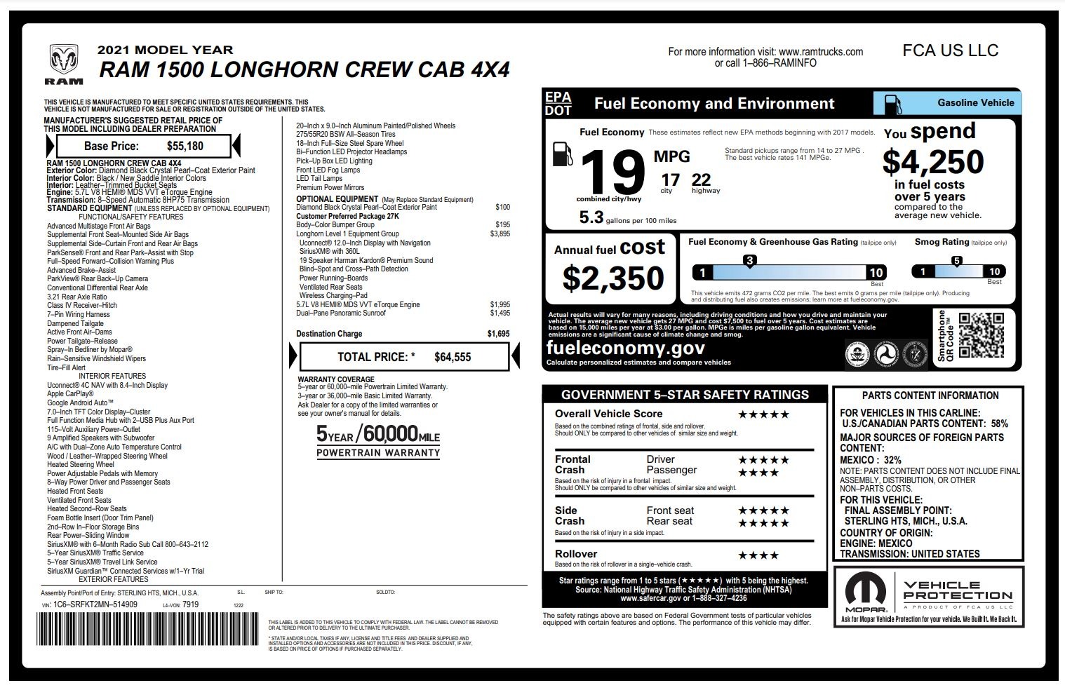 Used 2021 Ram 1500 LONGHORN LIMITED 4X4 / 5.7L HEMI / CREWCAB / H/K SND / PANO-ROOF / REARVIEW for sale Sold at Formula Imports in Charlotte NC 28227 108