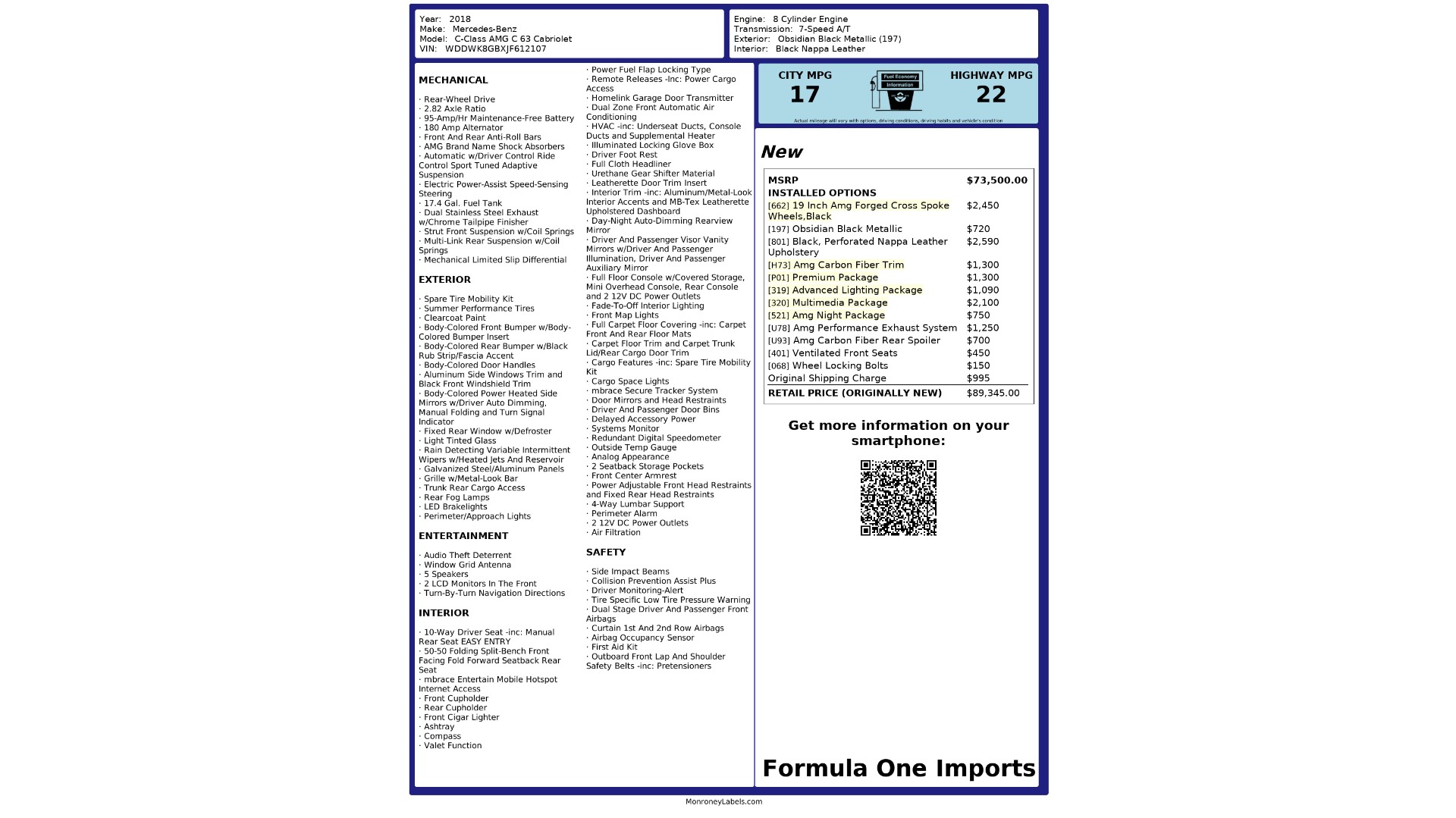 Used 2018 Mercedes-Benz C-CLASS AMG C 63 CAB / PREMIUM / LIGHTING / NIGHT PKG / PERF EXHAUST for sale Sold at Formula Imports in Charlotte NC 28227 81