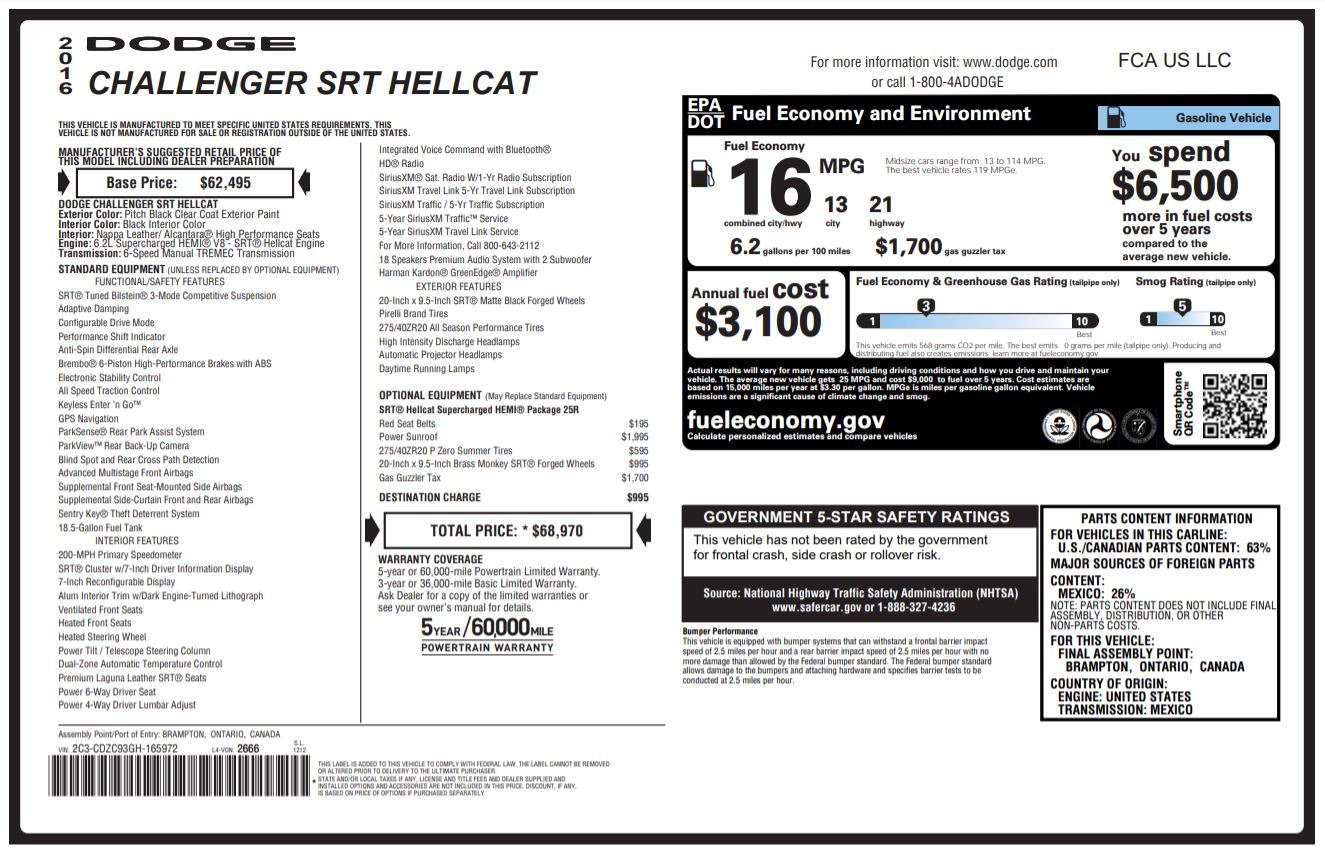 Used 2016 Dodge CHALLENGER SRT HELLCAT 6.2L SC HEMI 707HP / 6-SPD MAN / SUNROOF / REARVIEW for sale Sold at Formula Imports in Charlotte NC 28227 70