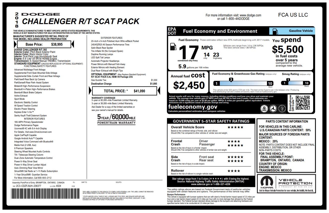 Used 2018 Dodge CHALLENGER R/T SCAT PACK 6.4L HEMI COUPE / 6-SPD MANUAL / BREMBO BRAKES for sale Sold at Formula Imports in Charlotte NC 28227 69
