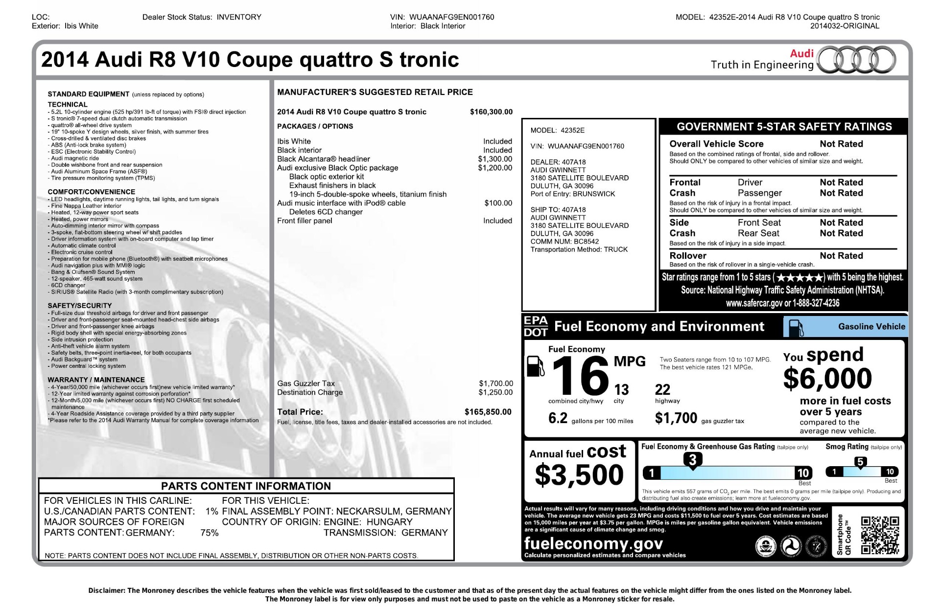 Used 2014 Audi R8 V10 for sale Sold at Formula Imports in Charlotte NC 28227 85