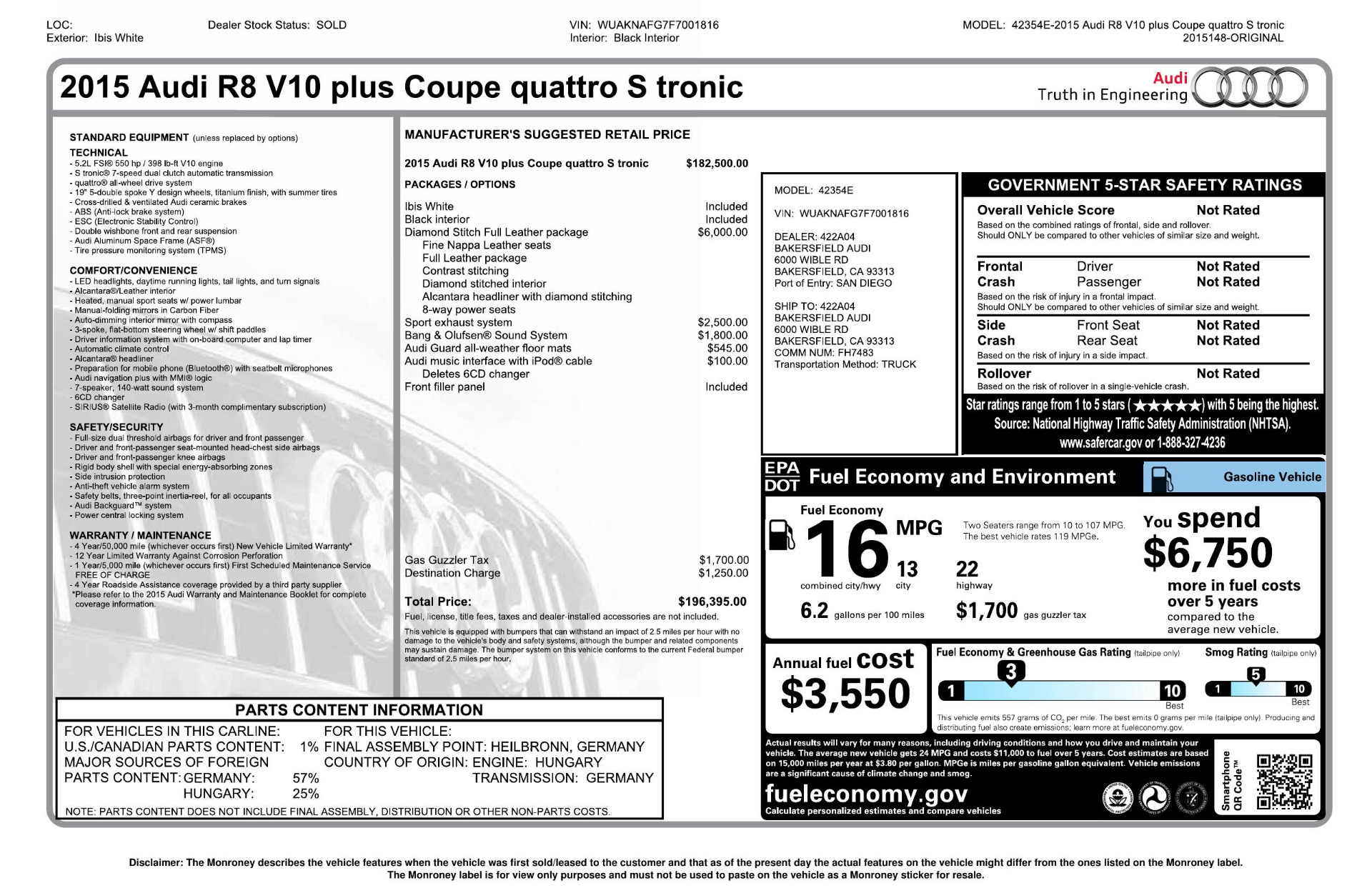 Used 2015 Audi R8 V10 PLUS / S-TRONIC / B&O SOUND / SPORT EXH / REARVIEW for sale Sold at Formula Imports in Charlotte NC 28227 74