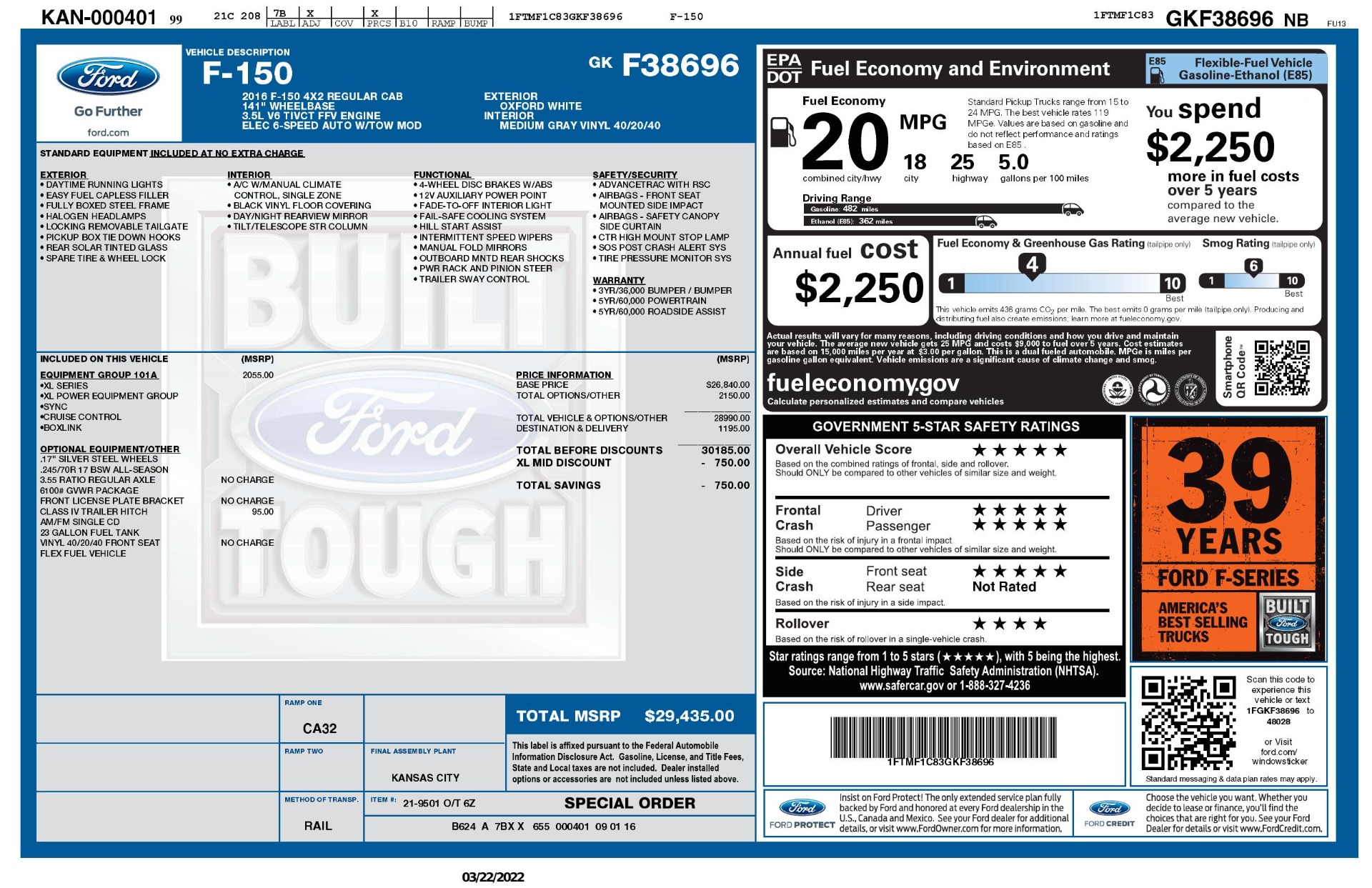 Used 2016 Ford F-150 XL REGULAR CAB 4X2 / 3.5L V6 / 6-SPD AUTO / TOWING / TOOL BOX for sale Sold at Formula Imports in Charlotte NC 28227 56