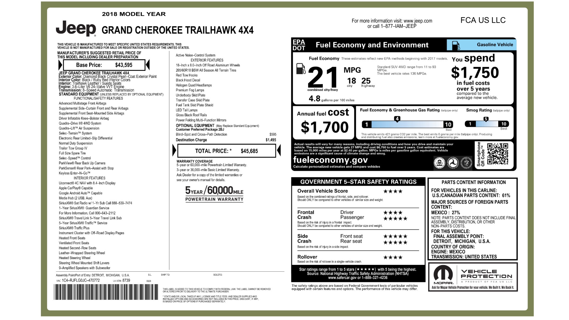 Used 2018 Jeep GRAND CHEROKEE TRAILHAWK 4X4 / 3.6L / NAV / BLIND SPOT / REARVIEW for sale $38,000 at Formula Imports in Charlotte NC 28227 94