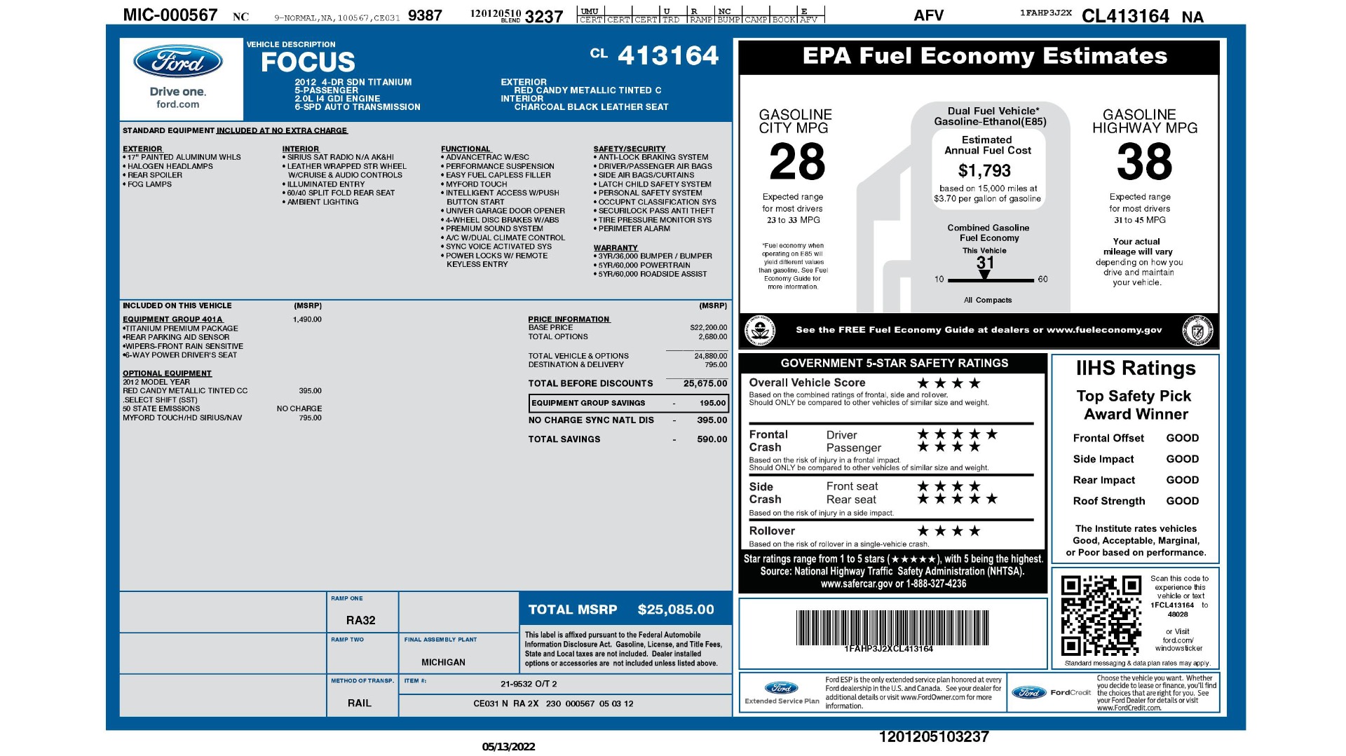 Used 2012 Ford FOCUS TITANIUM 2.0L / REAR PARKING AID / MYFORD TOUCH / HD SIRIUS / NAV for sale Sold at Formula Imports in Charlotte NC 28227 2