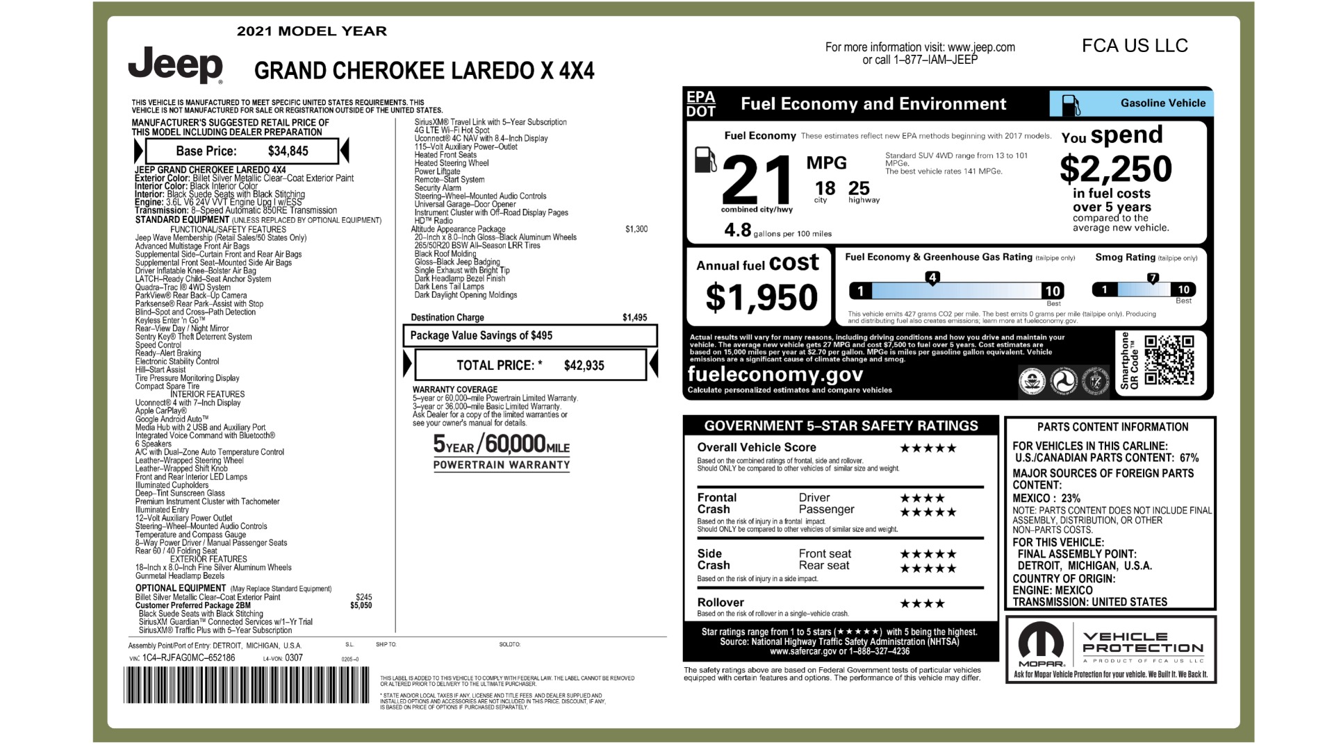 Used 2021 Jeep GRAND CHEROKEE LAREDO X / 3.6L / 4X4 / NAV / ALTITUDE PKG / LEATHER / REARVIEW for sale Sold at Formula Imports in Charlotte NC 28227 93