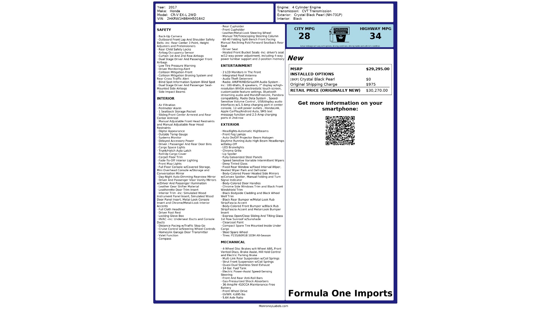 Used 2017 Honda CR-V EX-L / 1.5L TURBO / SUNROOF / BLIND SPOT SYSTEM / REARVIEW for sale Sold at Formula Imports in Charlotte NC 28227 69