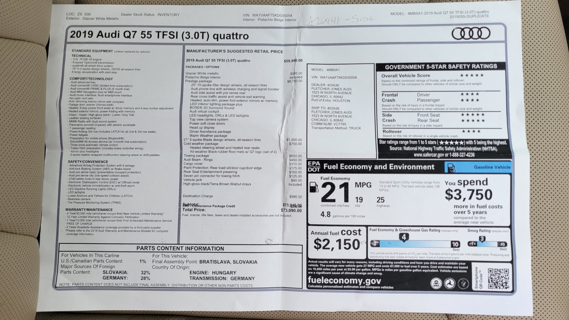 Used 2019 Audi Q7 PRESTIGE / CONV PKG / BOSE / HUD / CLD WTHR / TOWING / REARVIEW for sale $50,295 at Formula Imports in Charlotte NC 28227 111