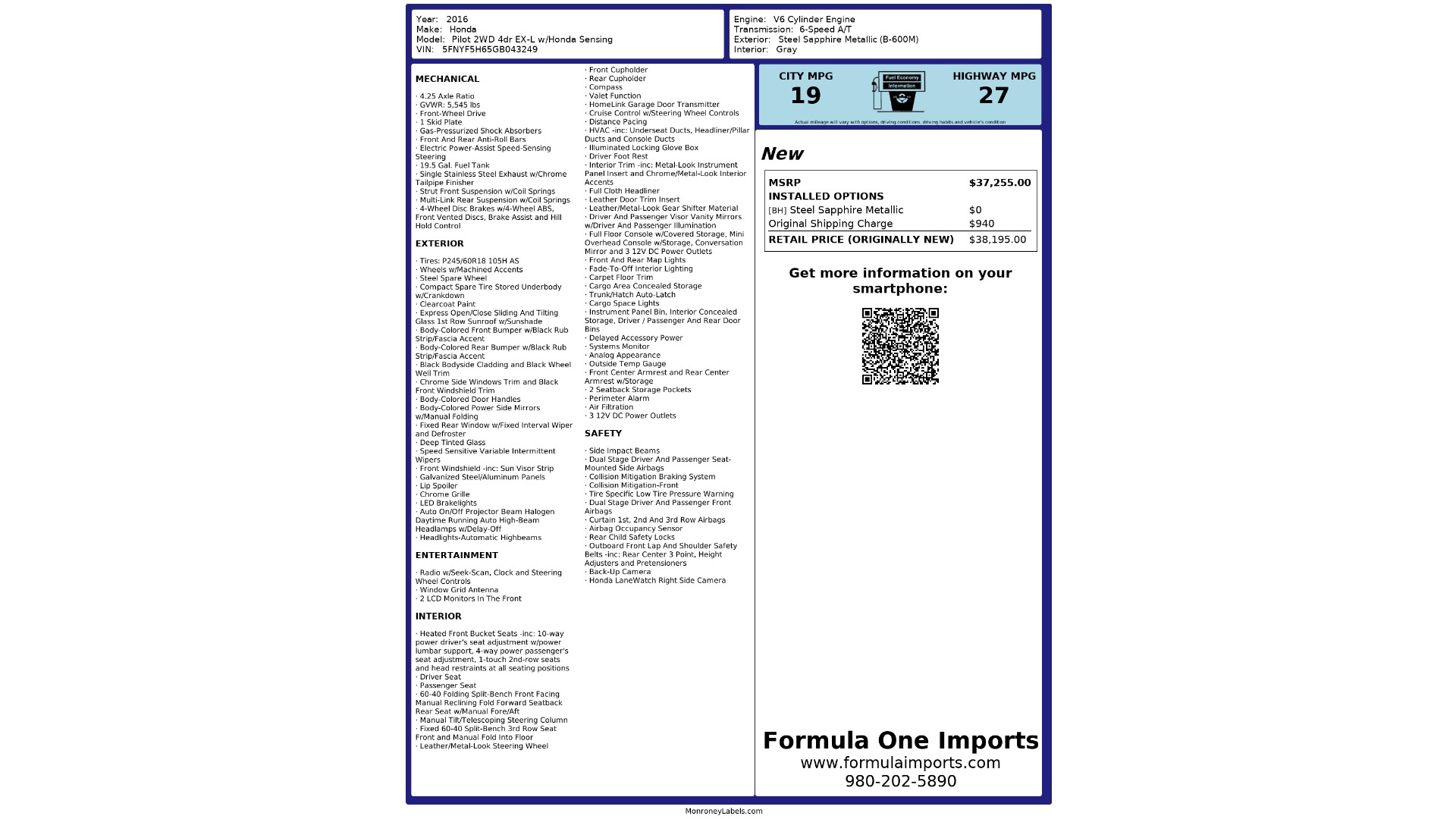 Used 2016 Honda PILOT EX-L / 2WD / 4-DR W/HONDA SENSING / SUNROOF / 3-ROWS for sale Call for price at Formula Imports in Charlotte NC 28227 91