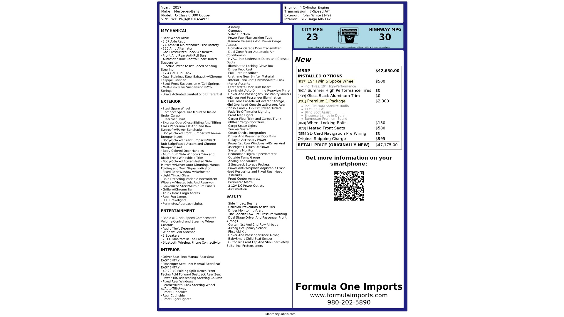 Used 2017 Mercedes-Benz C-CLASS C 300 PREMIUM COUPE / BLIND SPOT ASST / BURMESTER / CAMERA for sale $31,995 at Formula Imports in Charlotte NC 28227 86