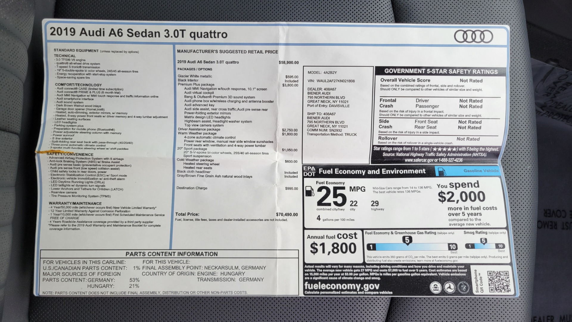 Used 2019 Audi A6 PREMIUM PLUS / DRVR ASST / WARM WTHR / CLD WTHR / NAV / CAMERA for sale Sold at Formula Imports in Charlotte NC 28227 97