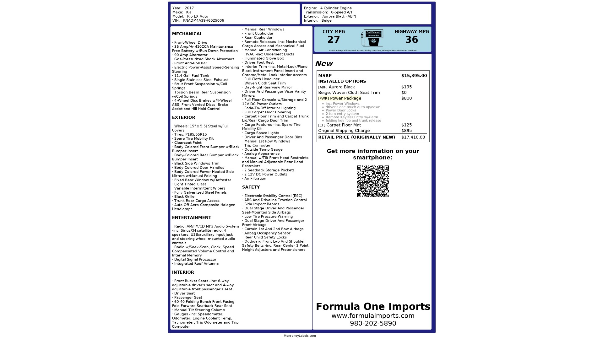Used 2017 Kia RIO LX SEDAN / 1.6L 4-CYL / AUTO / POWER PACKAGE / 36MPG for sale Sold at Formula Imports in Charlotte NC 28227 72