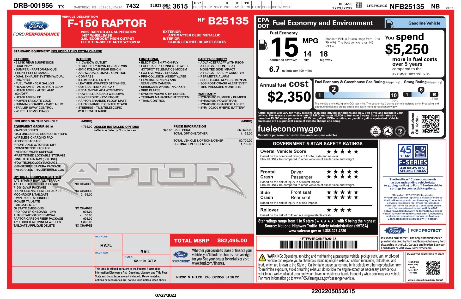 Used 2022 Ford F-150 RAPTOR / FOX SHOCKS / CONSOLE SAFE / 802A PACK for sale $98,495 at Formula Imports in Charlotte NC 28227 71