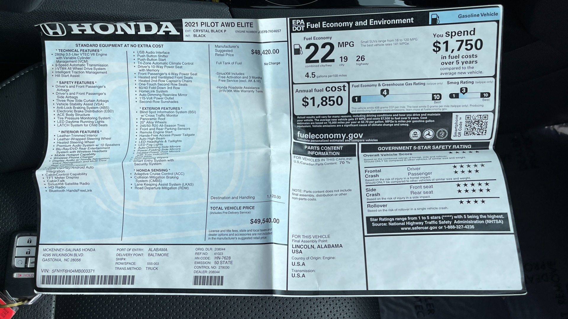 Used 2021 Honda Pilot ELITE / DVD SYSTEM / 3RD ROW / CAPTAINS CHAIRS / LEATHER for sale Sold at Formula Imports in Charlotte NC 28227 58