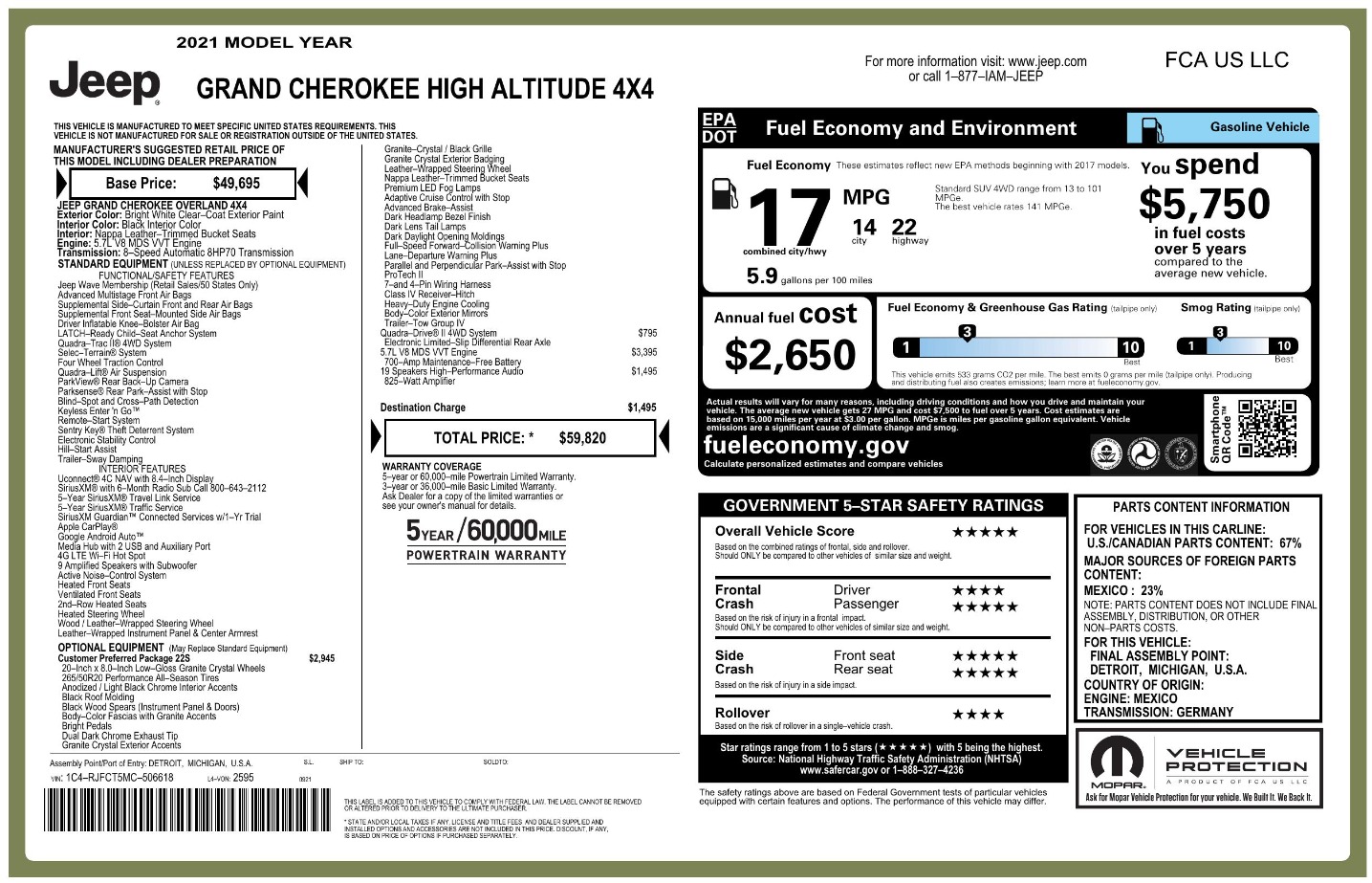 Used 2021 Jeep Grand Cherokee HIGH ALTITUDE / HEMI V8 / QUADRA II 4WD / AFE AIR INTAKE / 19 SPEAKER AUDIO for sale $50,995 at Formula Imports in Charlotte NC 28227 52