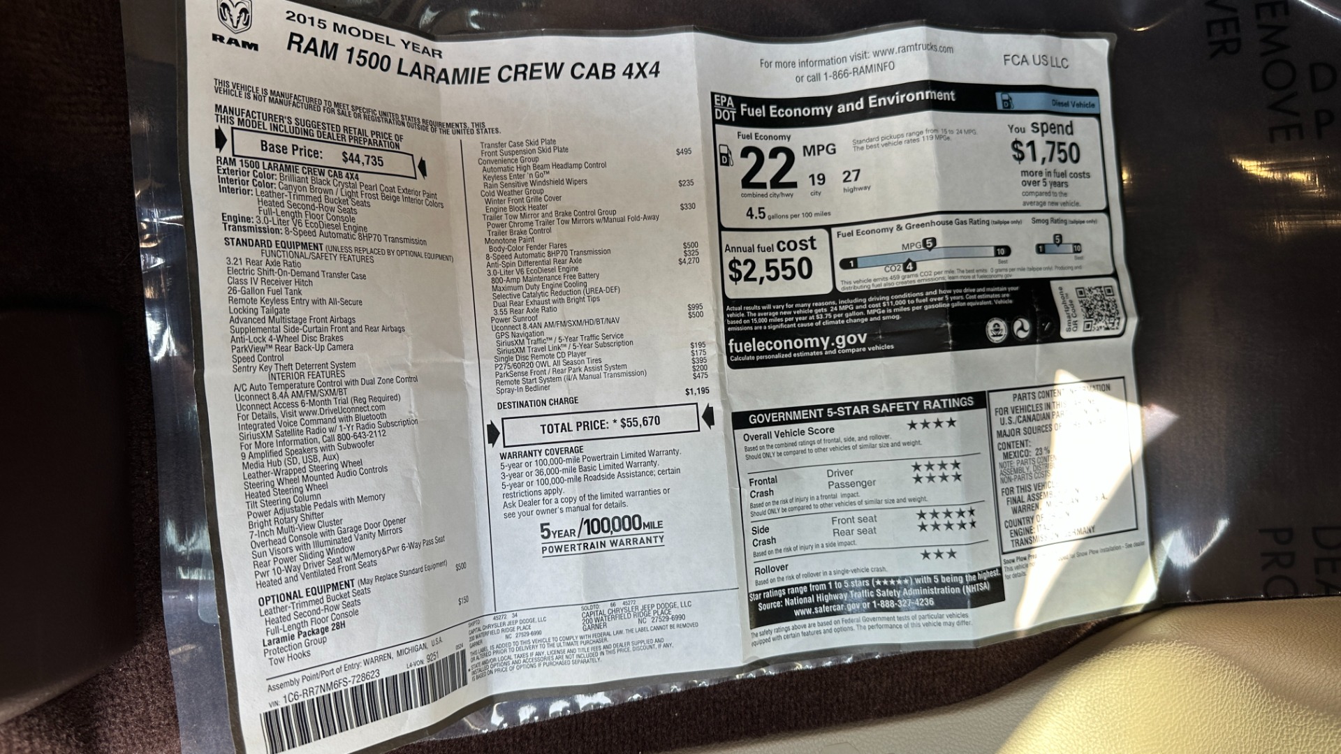 Used 2015 Ram 1500 LARAMIE / LEATHER / ECODIESEL V6 / SUNROOF / REMOTE START / CONVENIENCE PKG for sale Sold at Formula Imports in Charlotte NC 28227 56